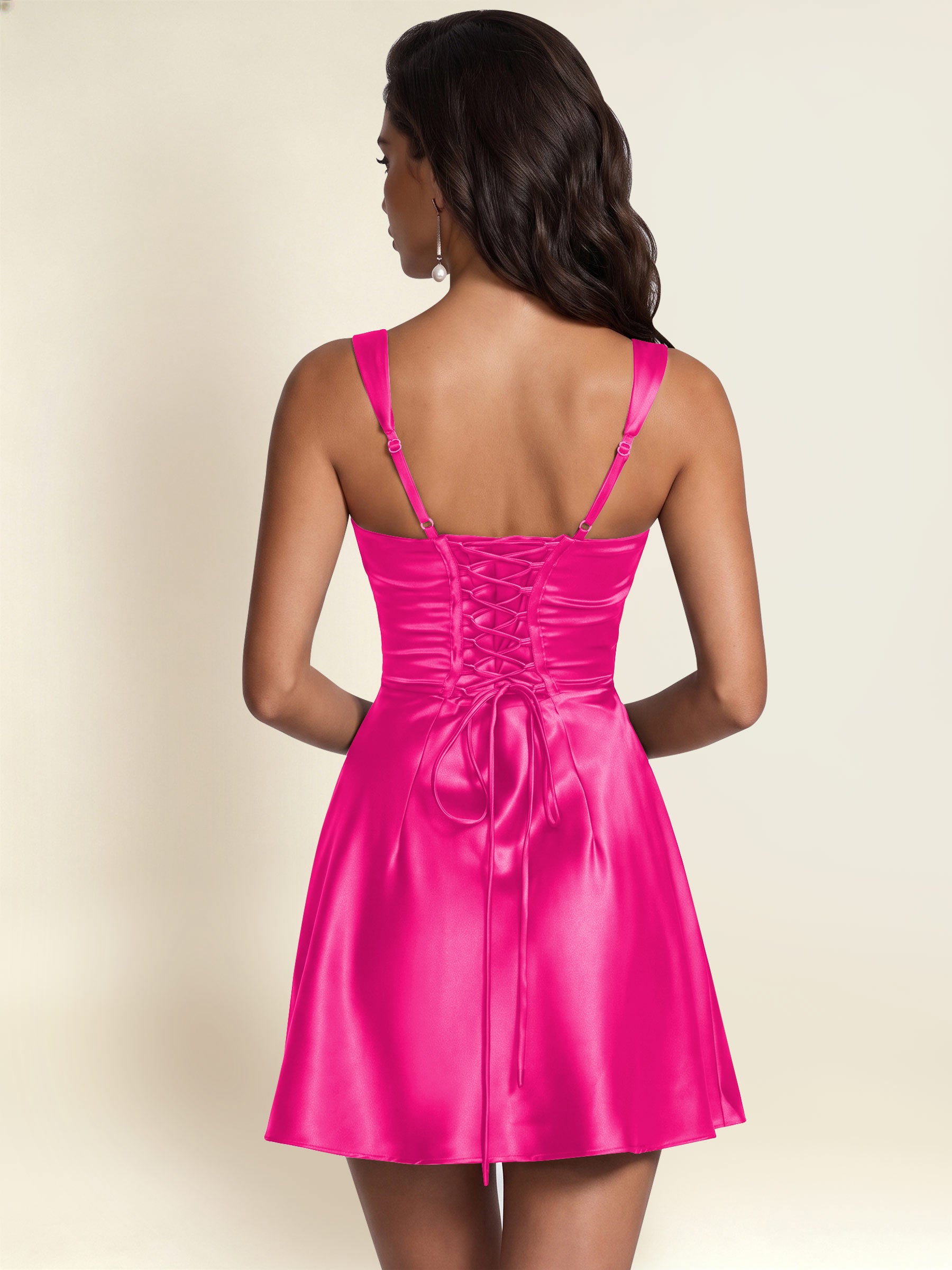 ROVDESY Square Neck Pleated Satin Homecoming Mini Dress