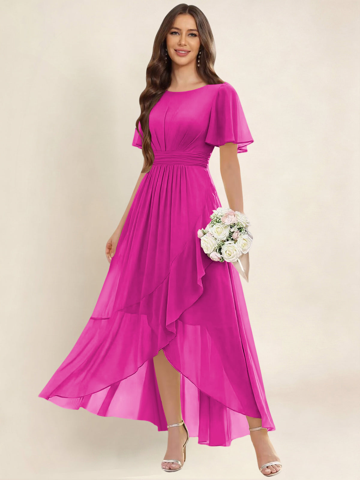 ROVDESY A-Line High Low Round Neck Pleated Ruffle Chiffon Bridesmaid Dress With Short Sleeves