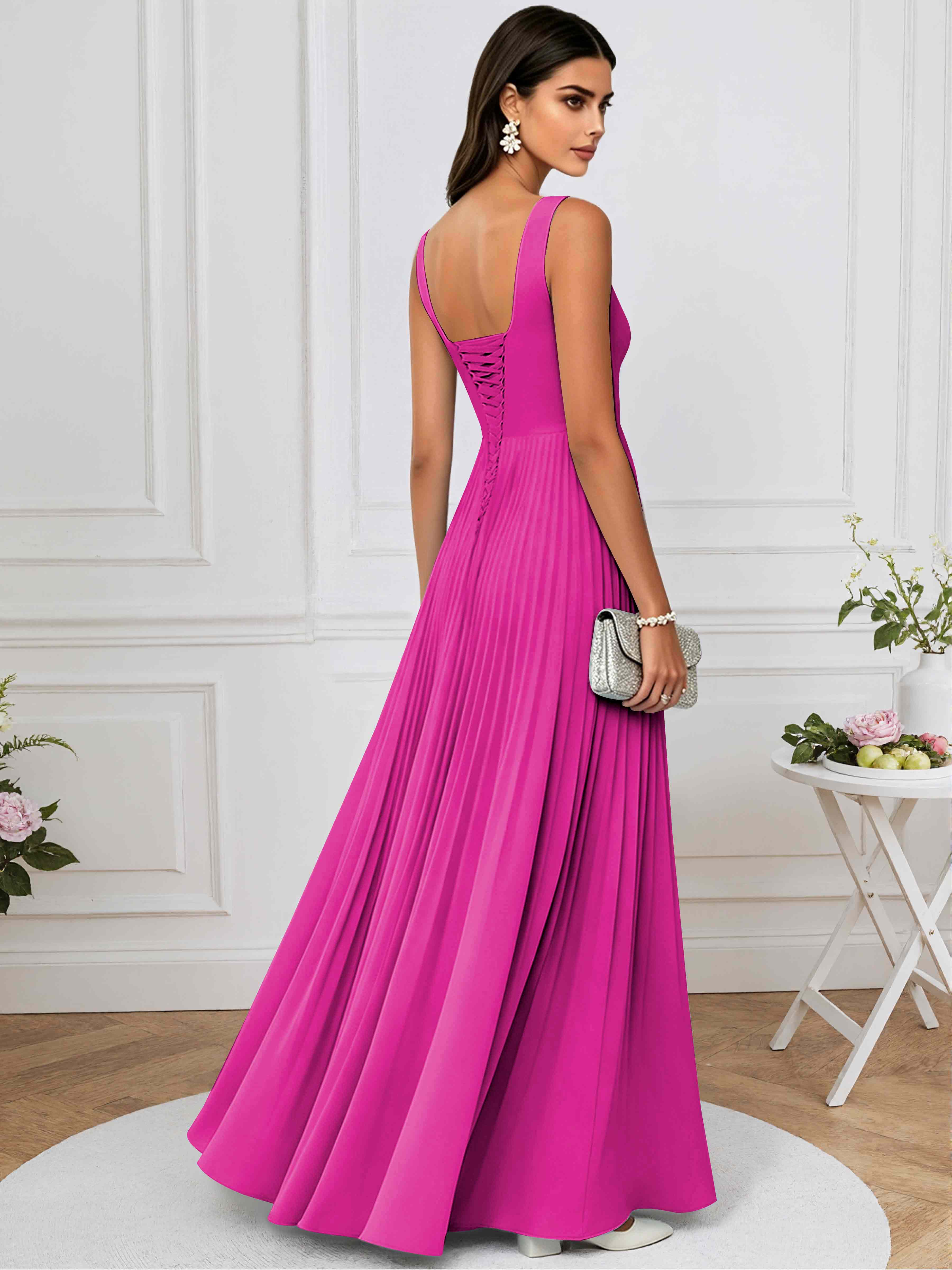 ROVDESY A-Line Square Neck Pleated Chiffon Long Bridesmaid/Prom Dress