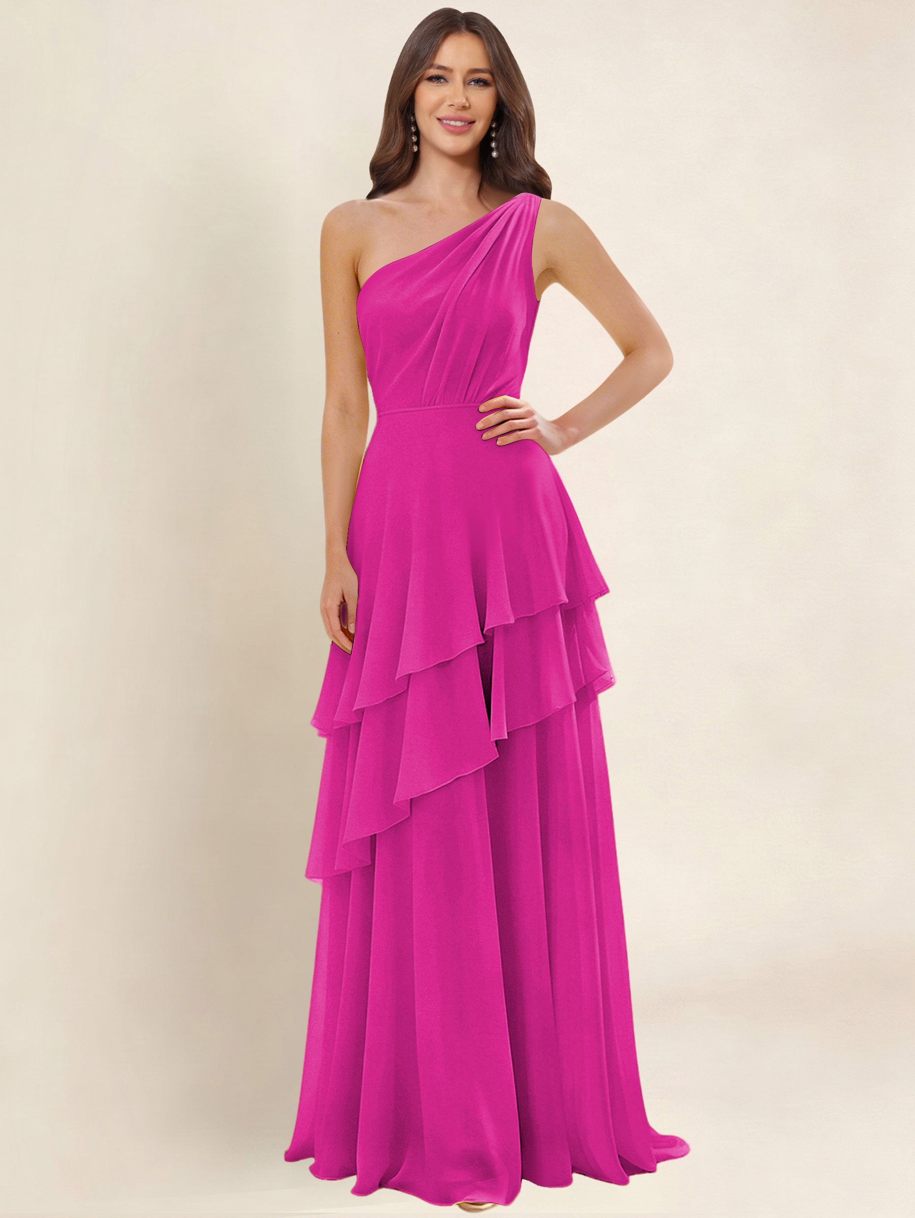 ROVDESY A-Line One Shoulder Pleated Tiered Chiffon Bridesmaid Dress