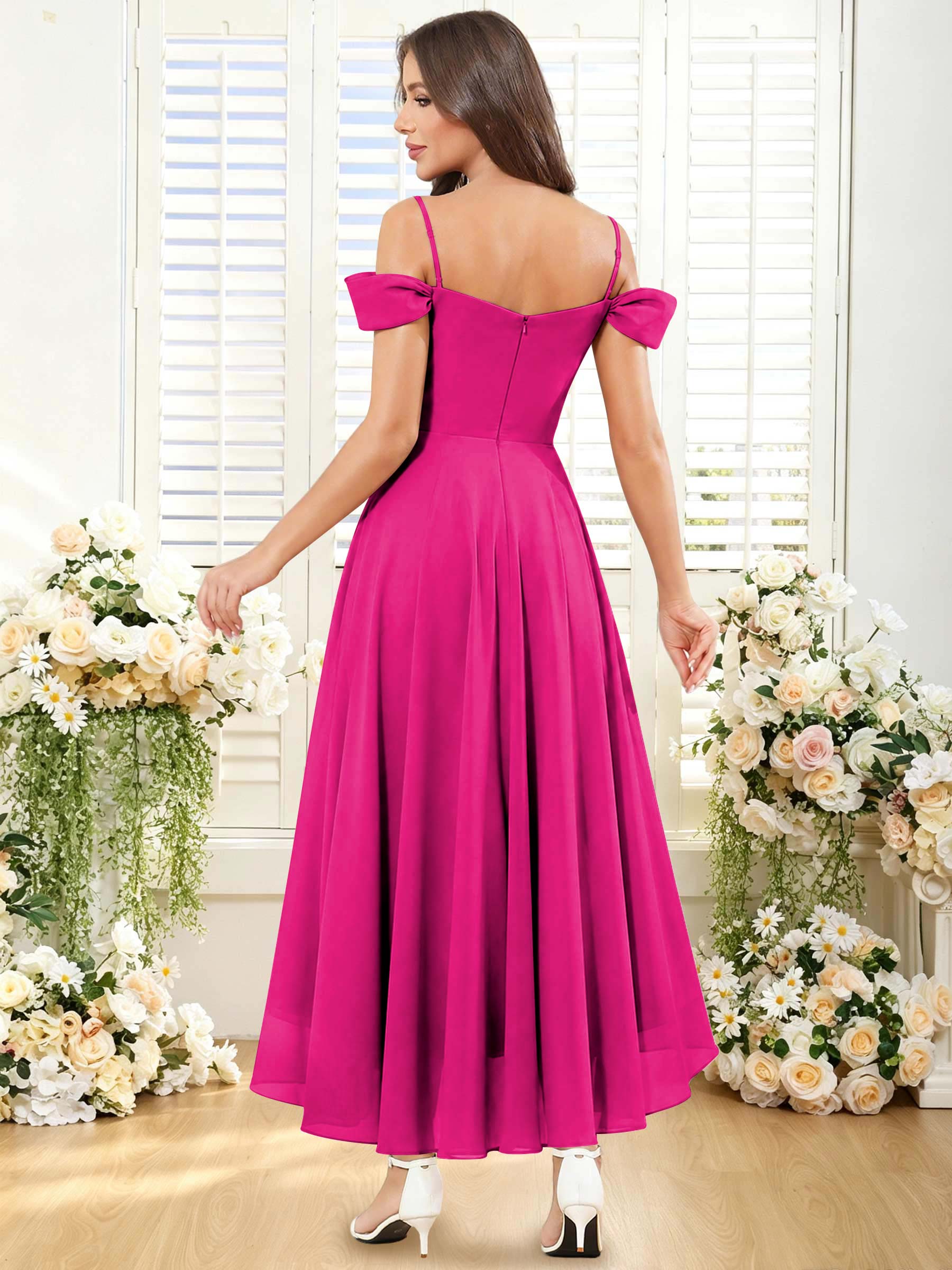 ROVDESY ROVDESY Short Cold Shoulder Sweetheart High Low Pleated Chiffon Bridesmaid Dress