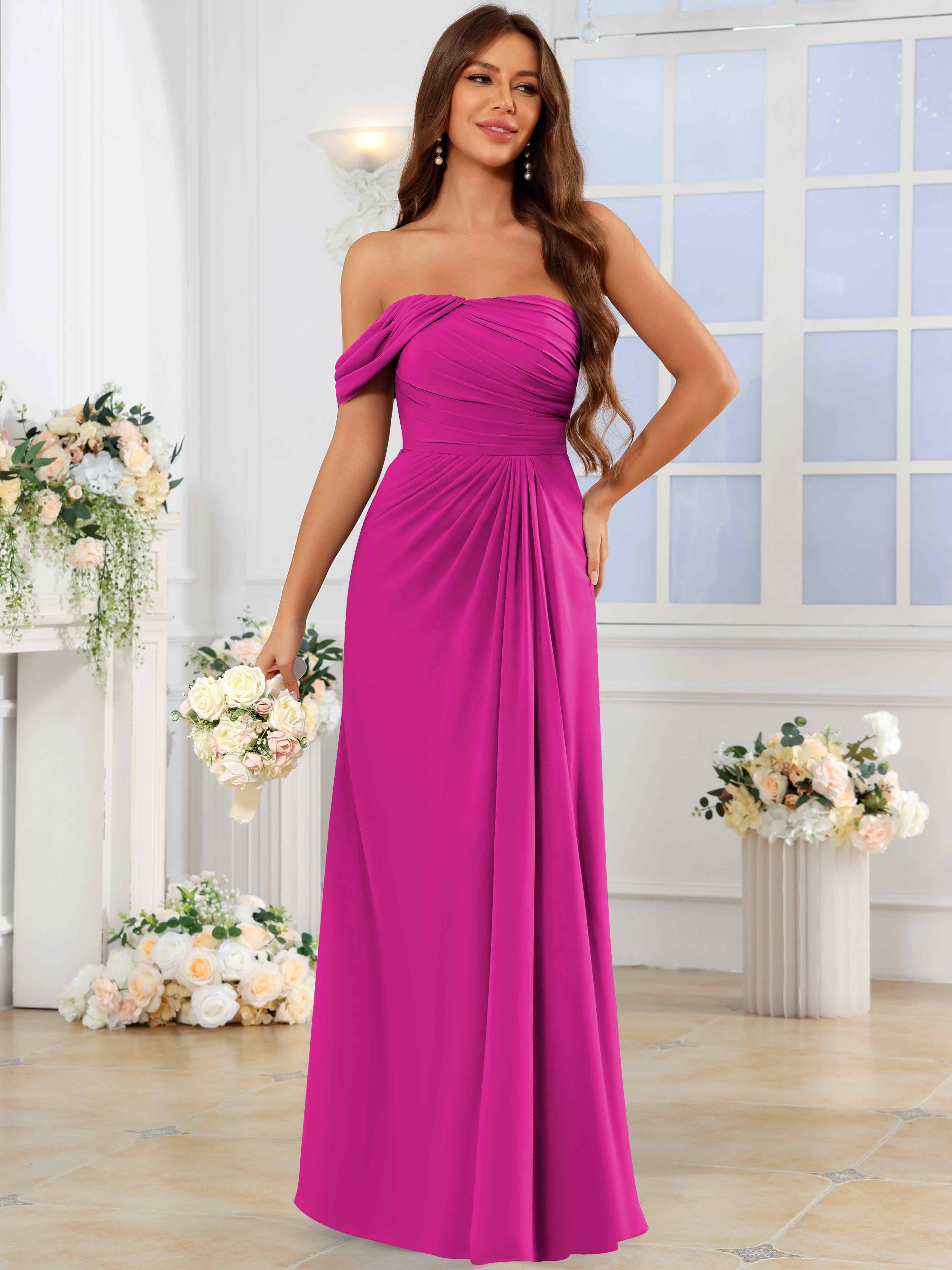 ROVDESY One Shoulder Off The Shoulder Pleated Chiffon Bridesmaid Dress
