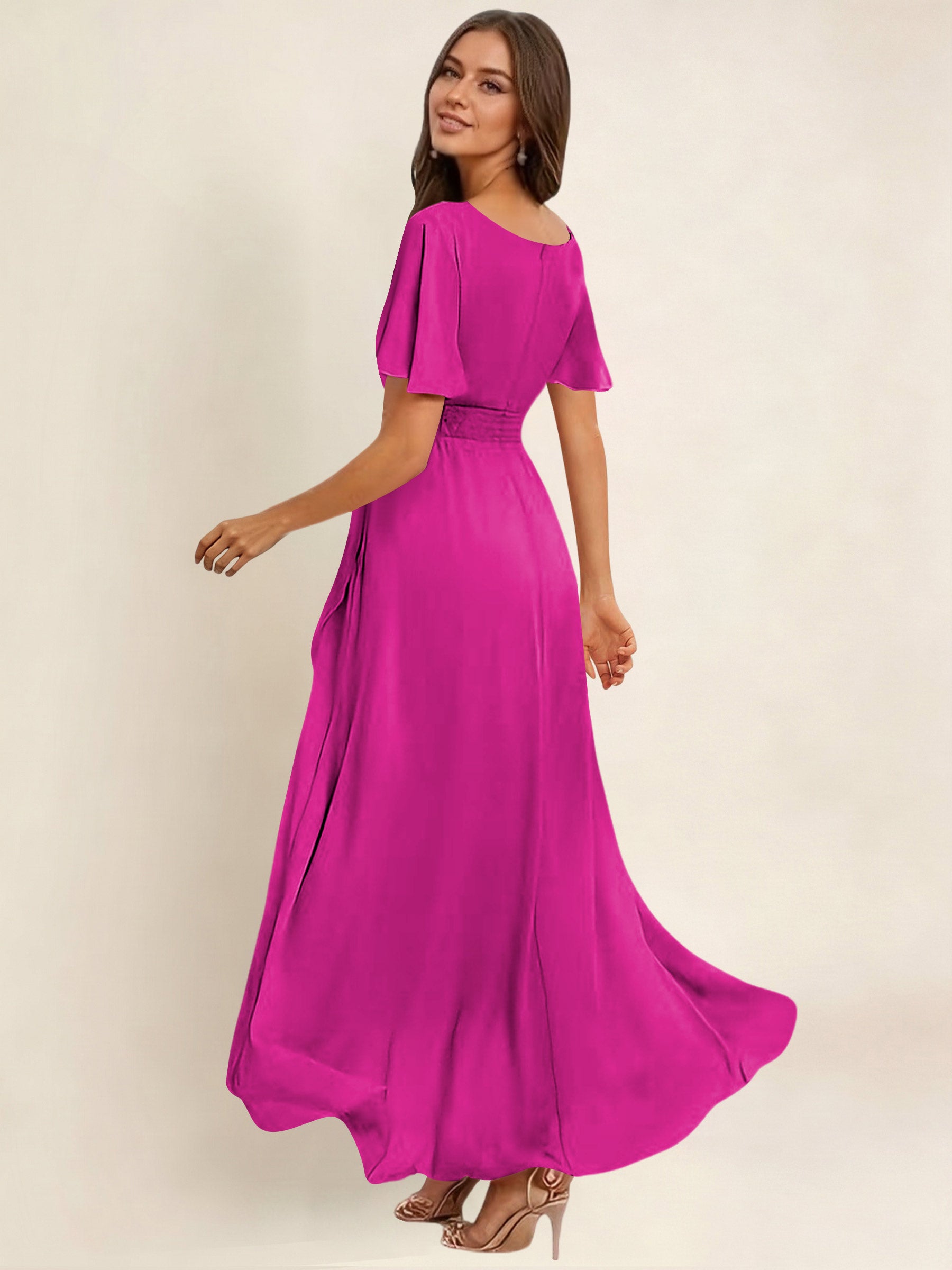 ROVDESY A-Line High Low Round Neck Pleated Ruffle Chiffon Bridesmaid Dress With Short Sleeves