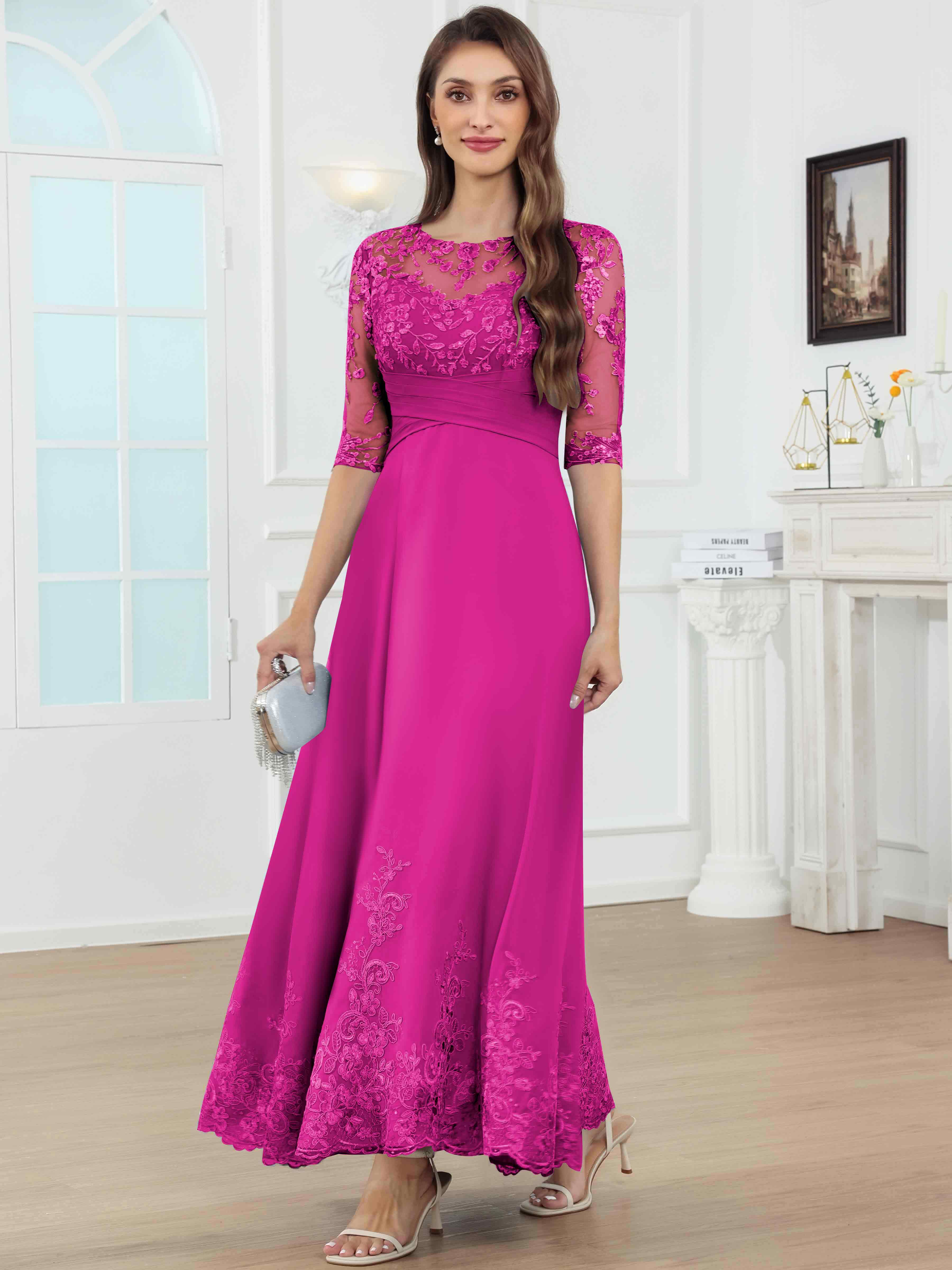 ROVDESY A-Line Lace Sequin Pleated Chiffon Mother Of The Bride Dress With Half Sleeves