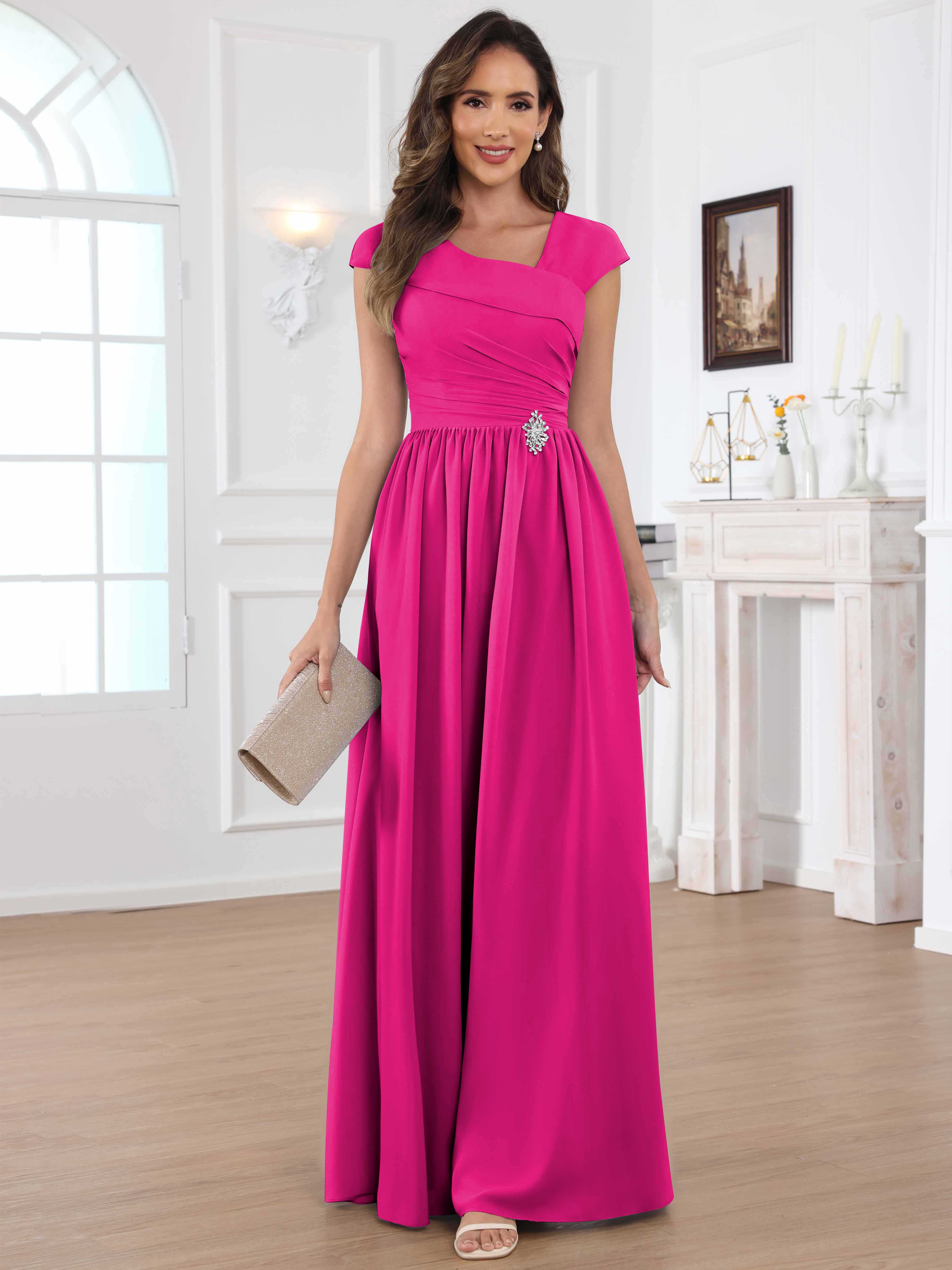 ROVDESY A-Line Cap Sleeves Pleated Chiffon Mother Of The Bride Dress