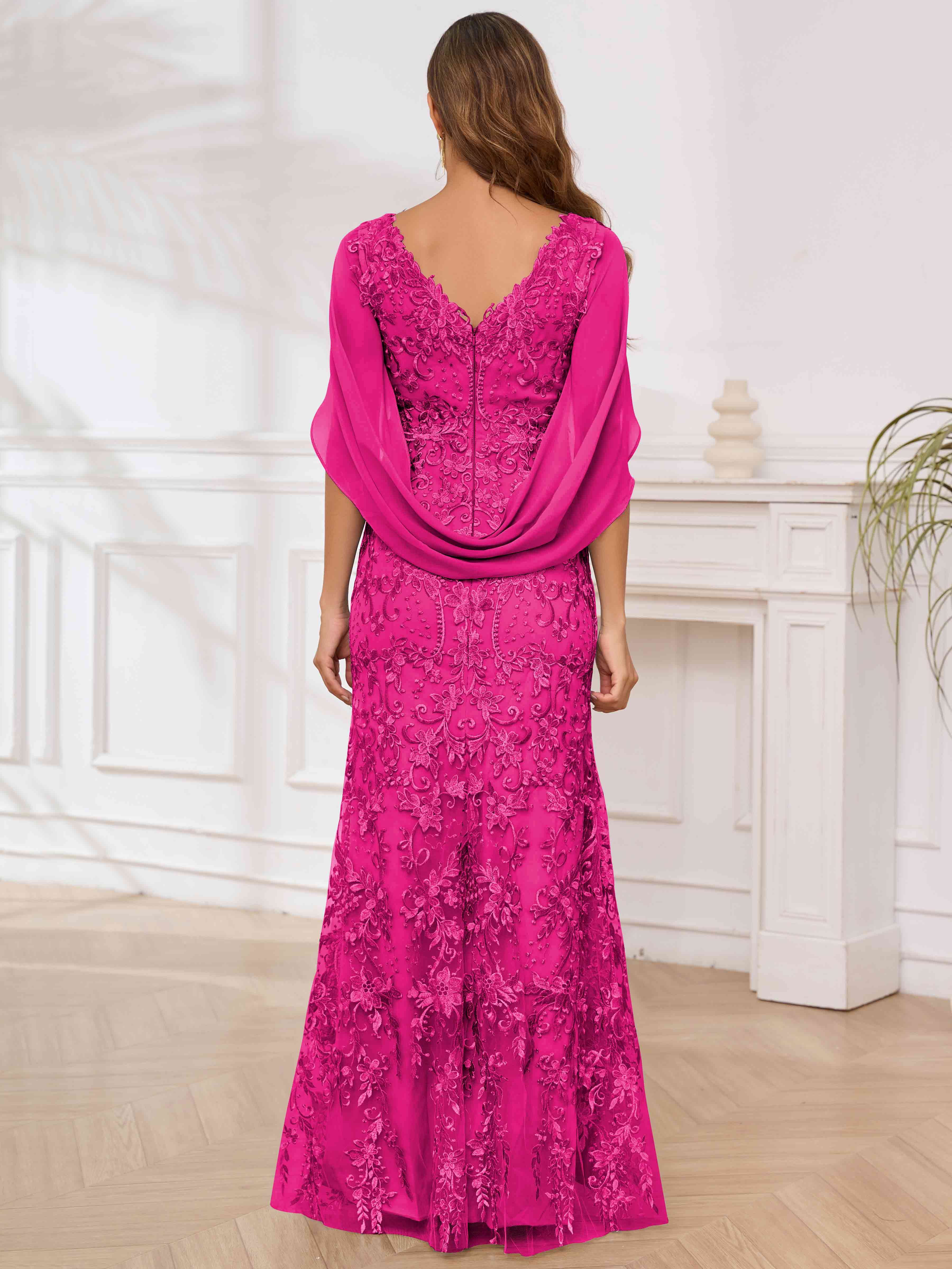 ROVDESY V-Neck Lace Mermaid Mother Of The Bride Dress With Cape Sleeves Long Formal Gown