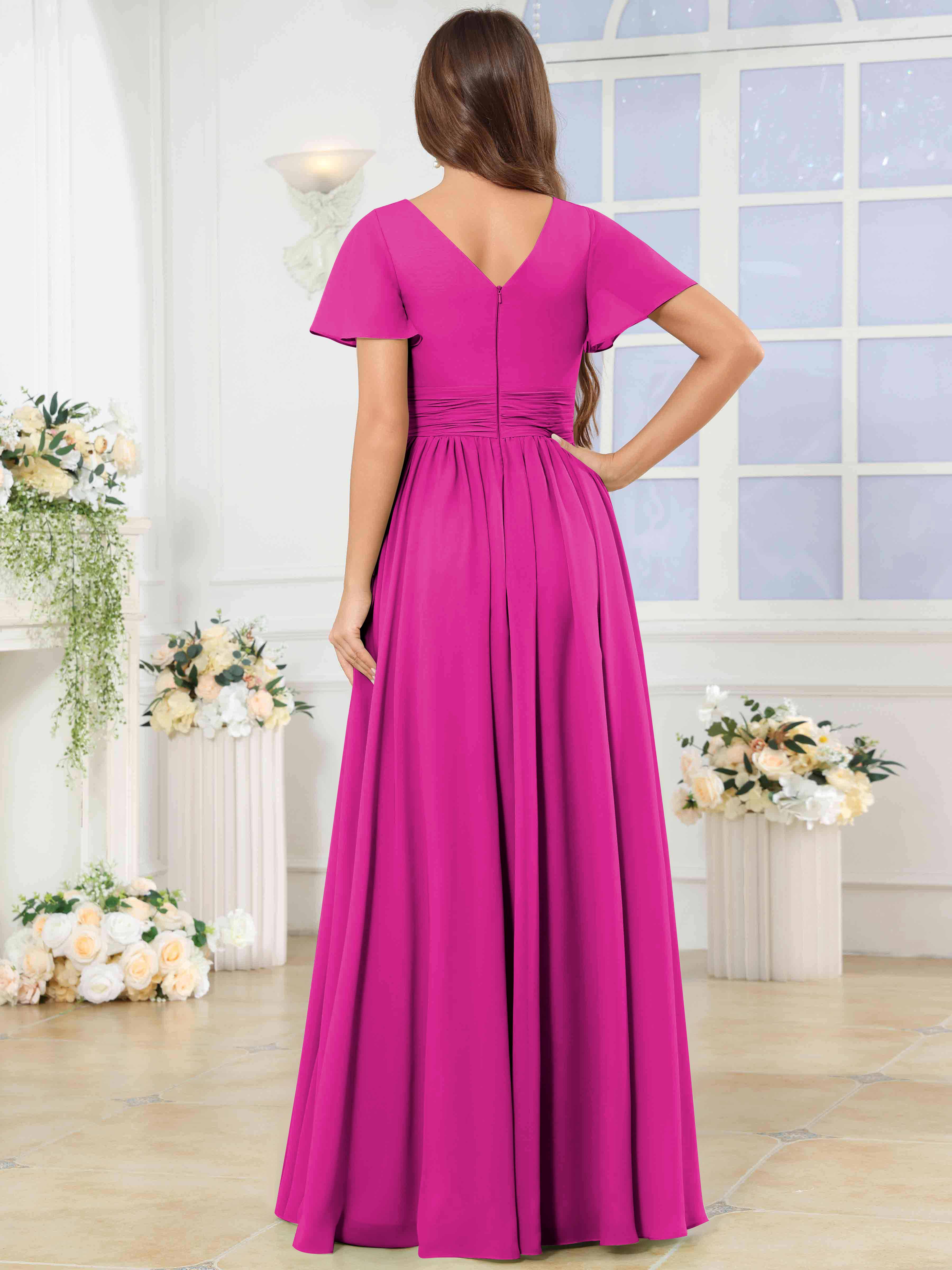ROVDESY A-Line V-Neck Slit Pleated Ruffle Chiffon Bridesmaid Dress With Short Sleeves