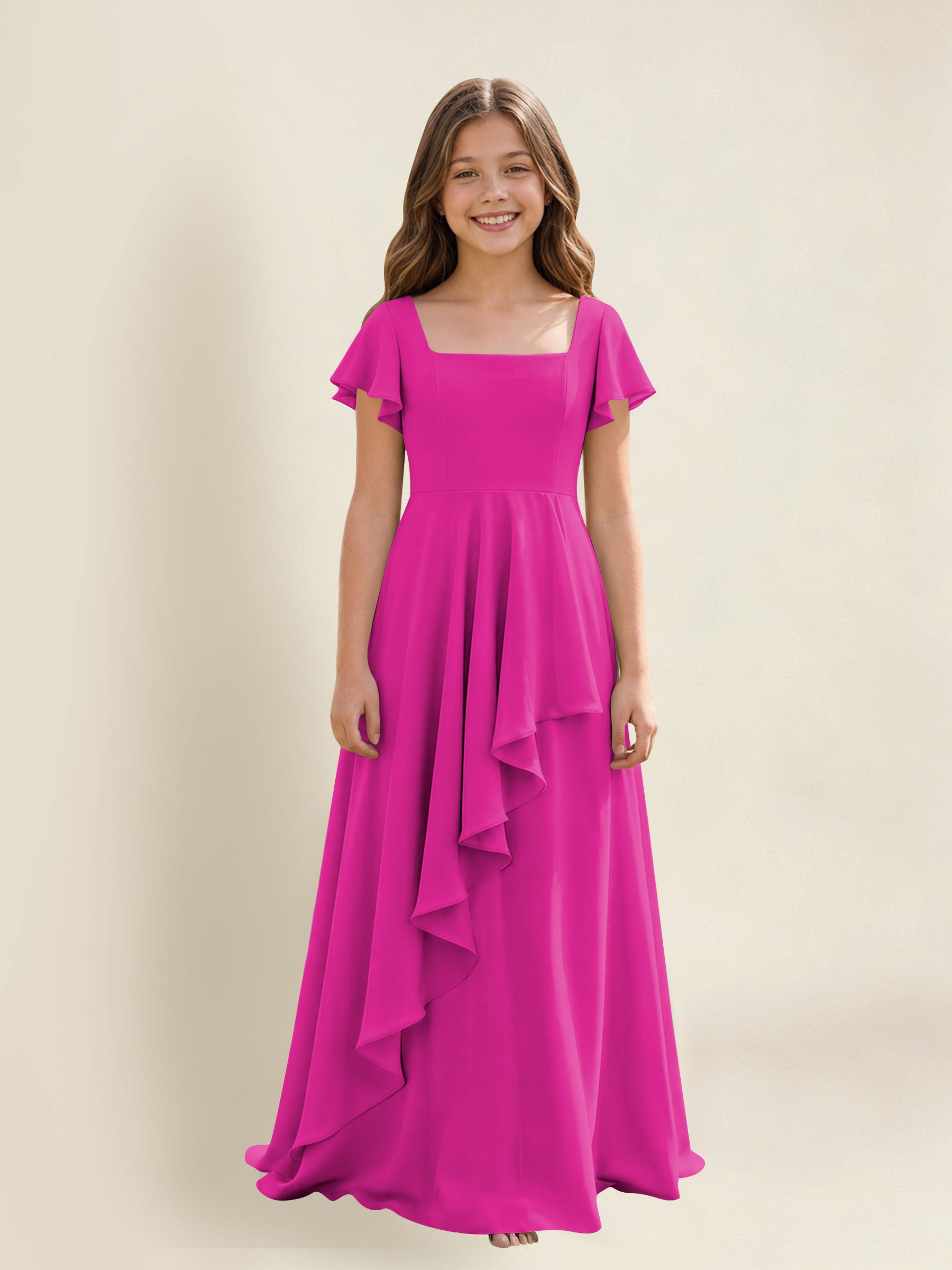 ROVDESY A-Line Square Neck Ruffle Chiffon Junior Bridesmaid Dress With Short Sleeves