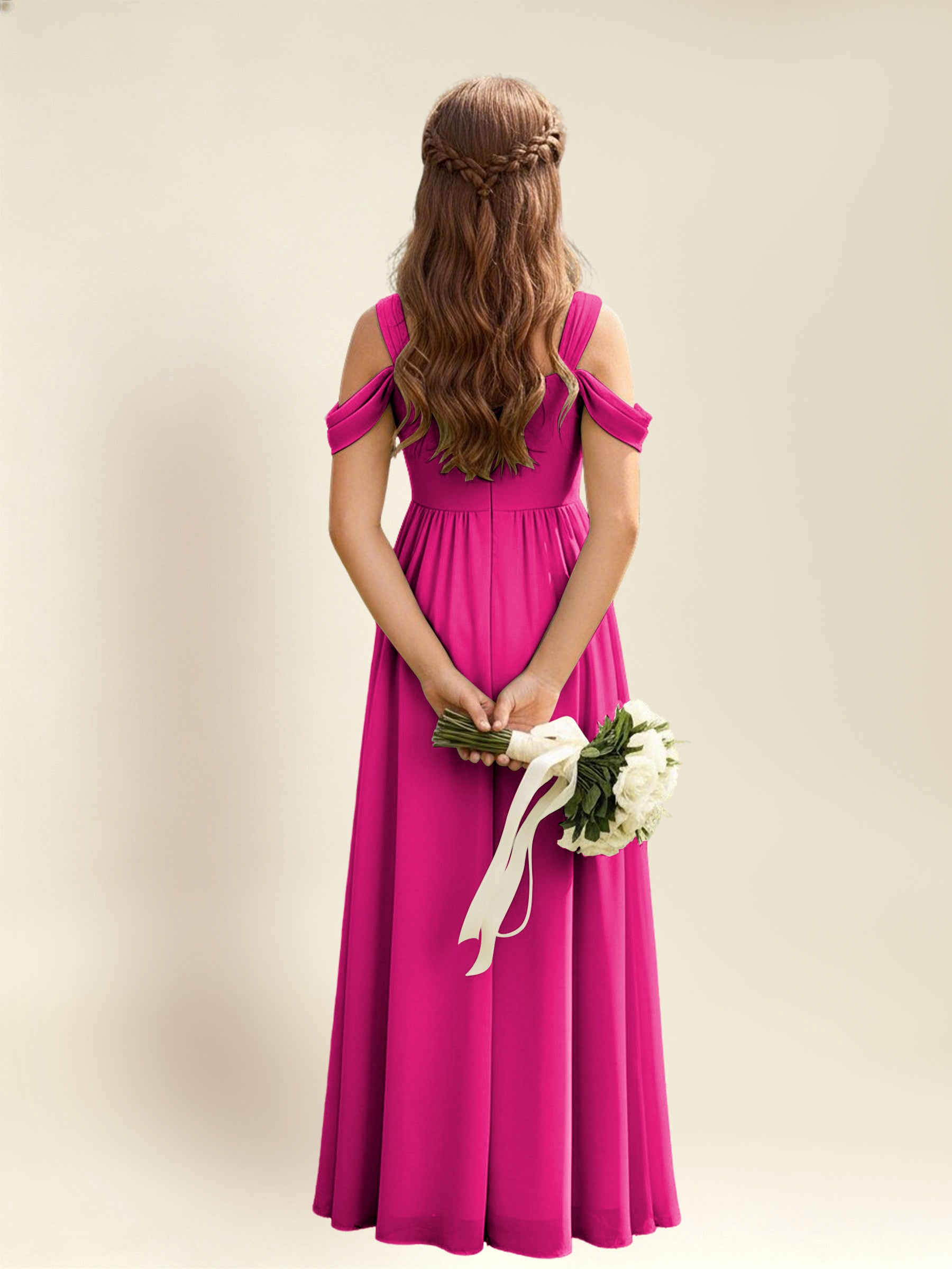 ROVDESY A-Line Off The Shoulder Pleated Chiffon Junior Bridesmaid Dress