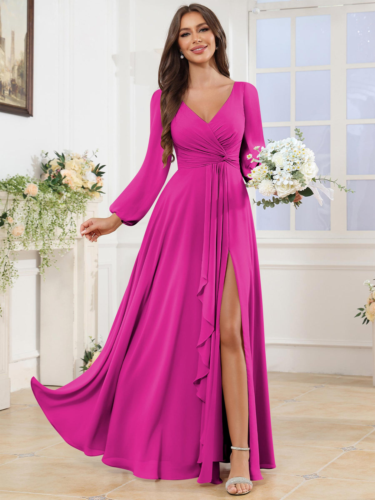 V Neck Chiffon Long Sleeve Bridesmaid Dresses with Slit