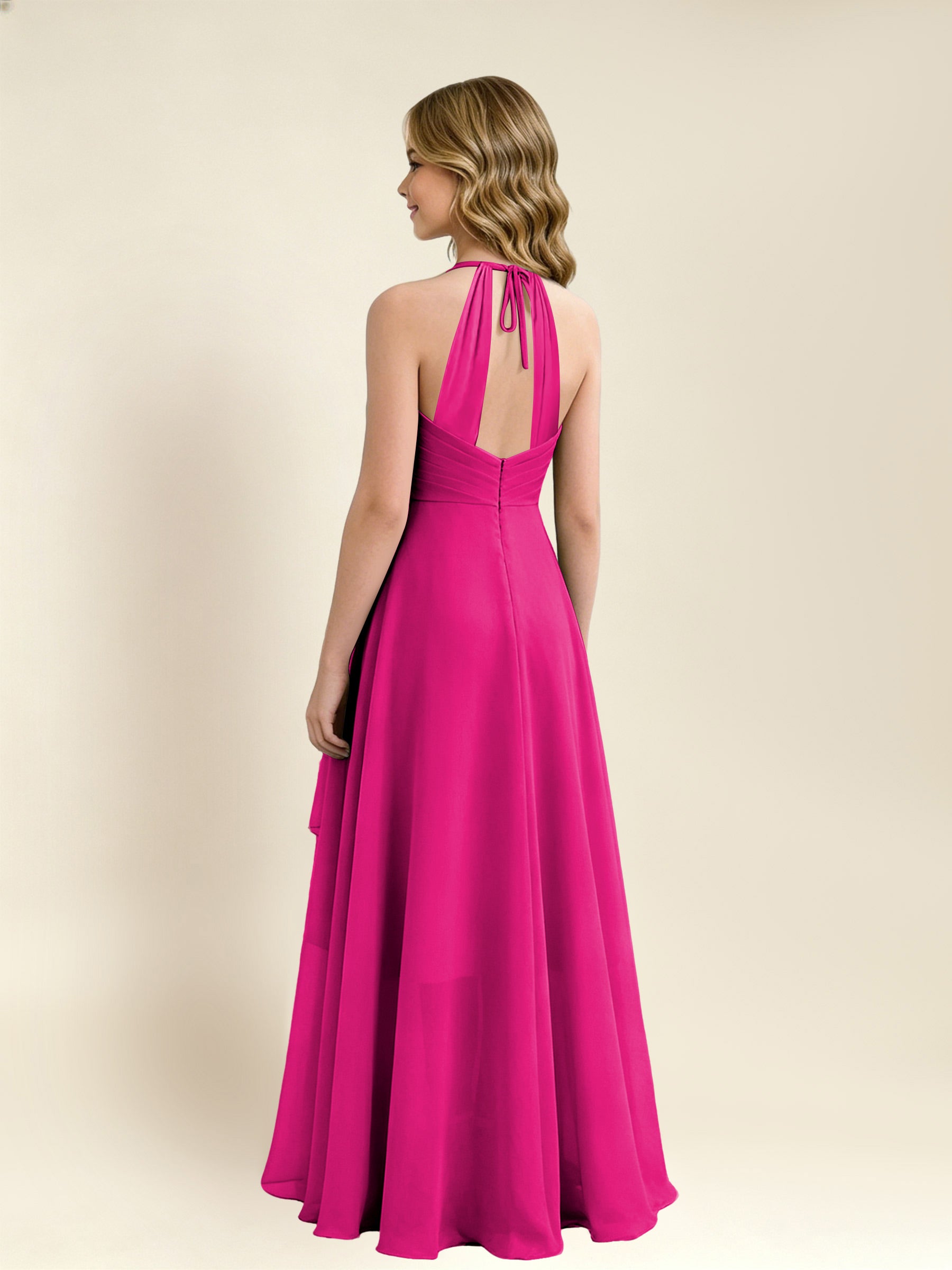 ROVDESY A-Line Halter Pleated Chiffon Junior Bridesmaid Dress