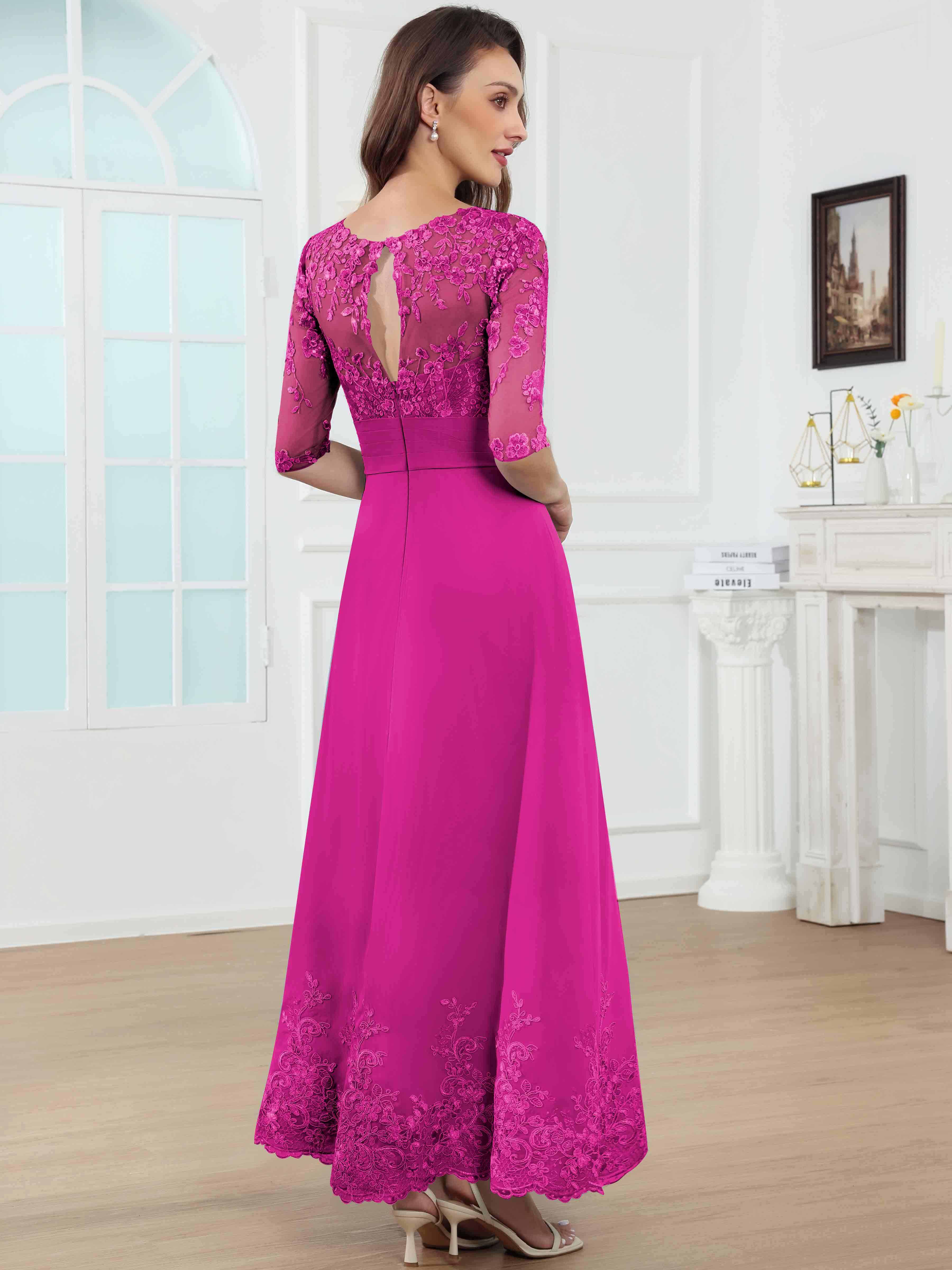 ROVDESY A-Line Lace Sequin Pleated Chiffon Mother Of The Bride Dress With Half Sleeves