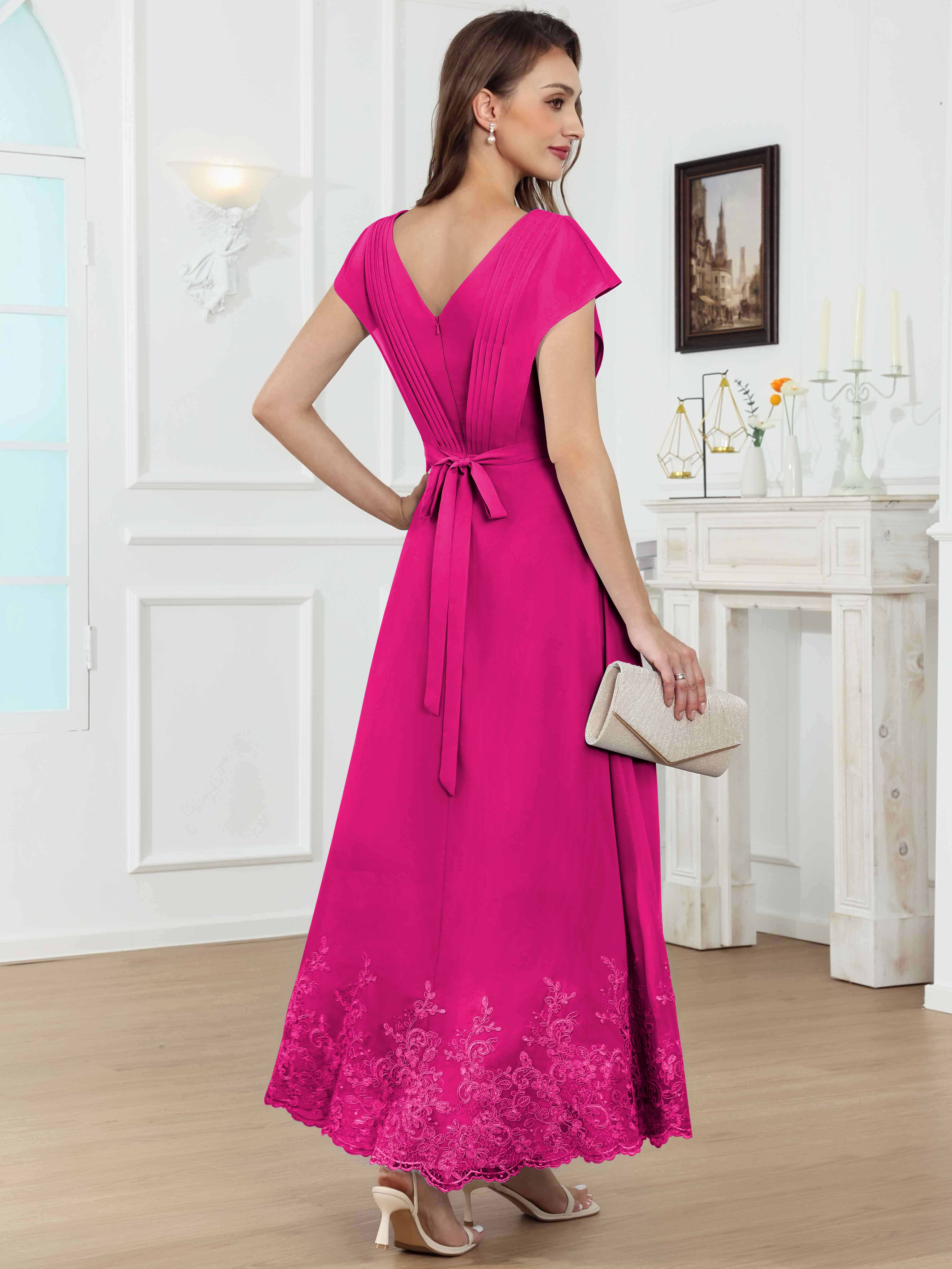 ROVDESY Tea Length High-Low V-Neck Ruched Lace Chiffon Mother of The Bride Dress for Women