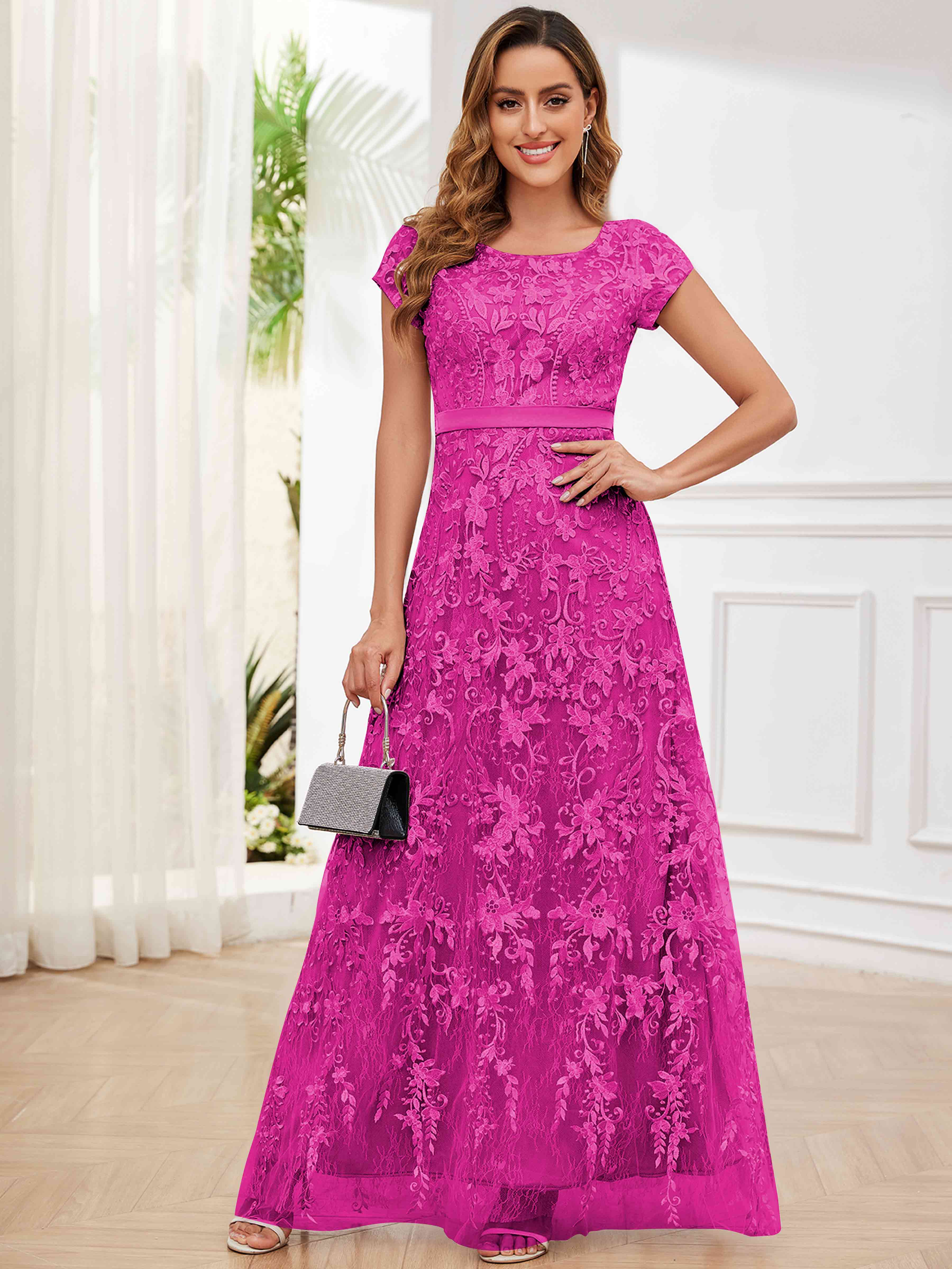 ROVDESY Elegant Lace Mother Of The Bride Dress With Short Sleeves Formal Gown