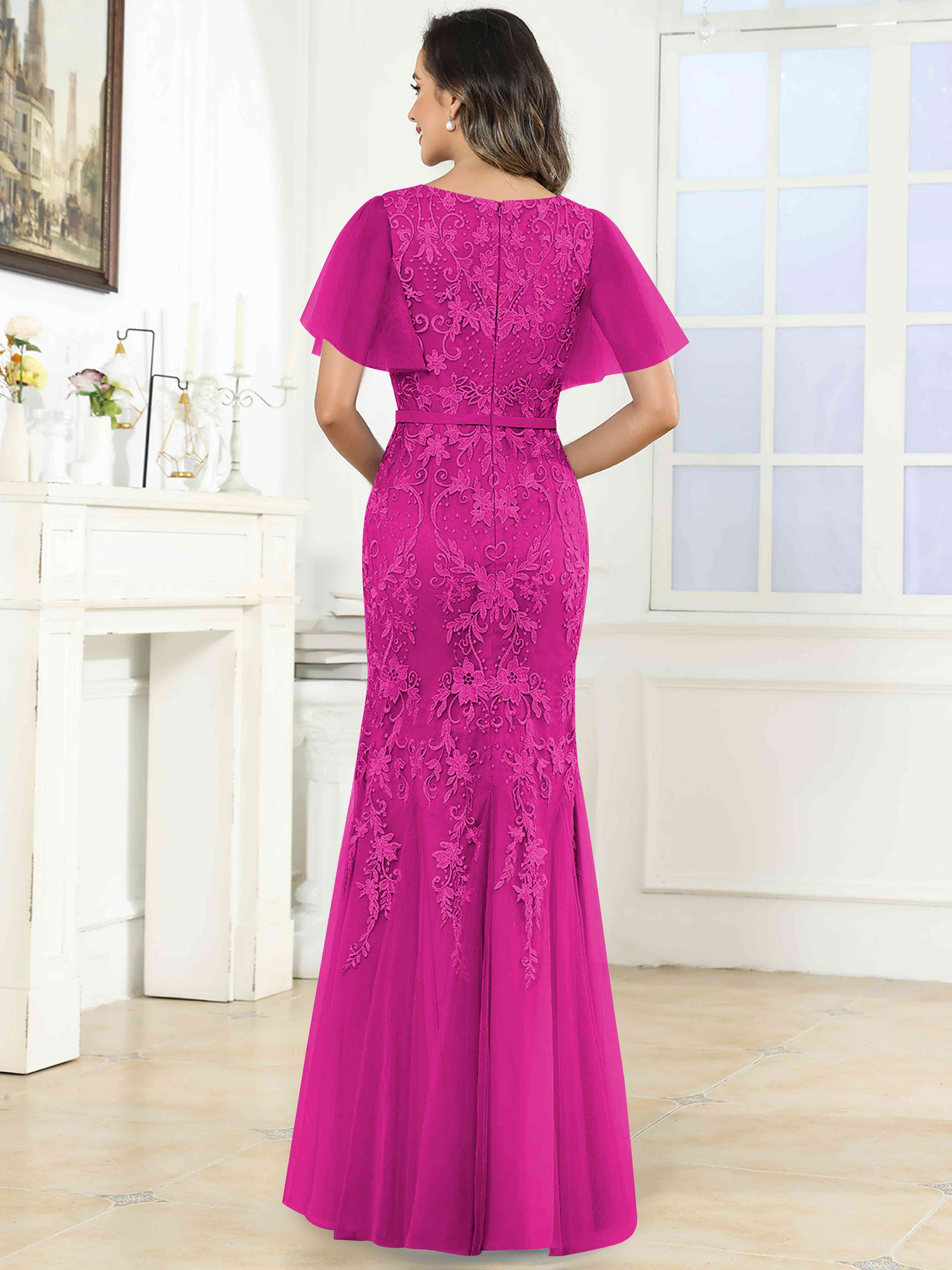 ROVDESY Elegant V-Neck Lace Mermaid Long Mother Of The Bride Dress Formal Gown With Sleeves