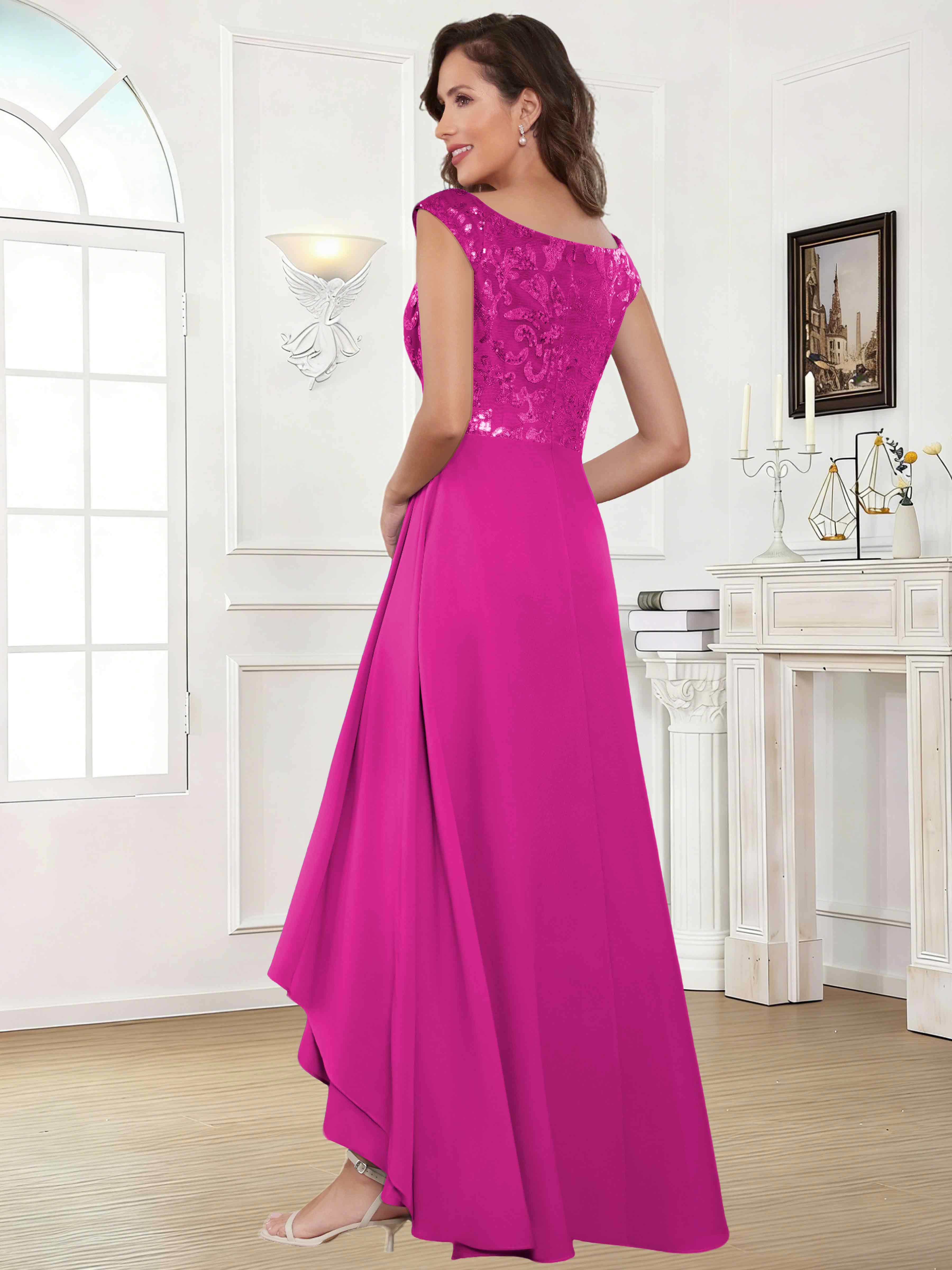 ROVDESY Tea Length Off-The-Shoulder Sequin Chiffon Mother Of The Bride Dress