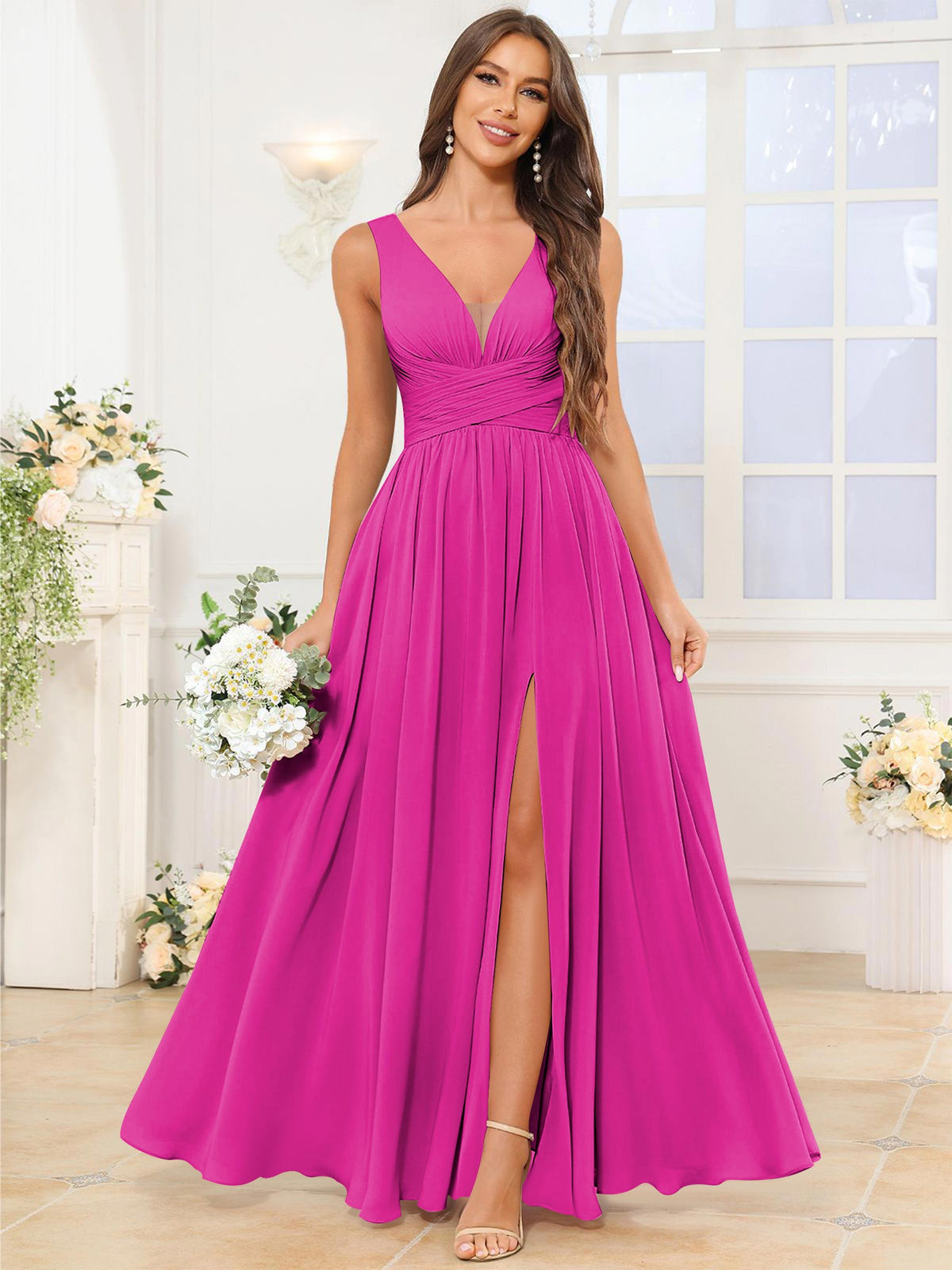 V Neck Chiffon A Line Bridesmaid Dress with Slit