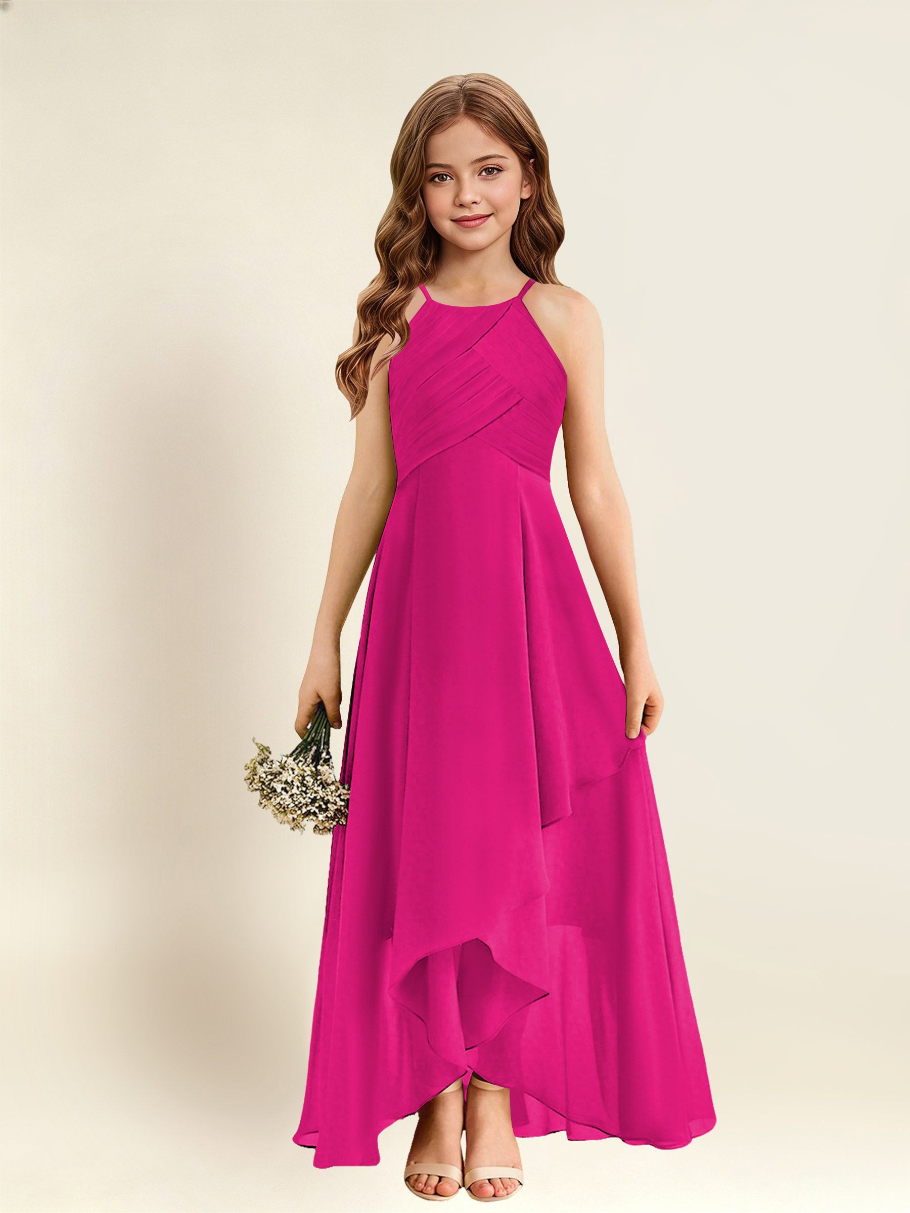 ROVDESY A-Line Halter Pleated Chiffon Junior Bridesmaid Dress