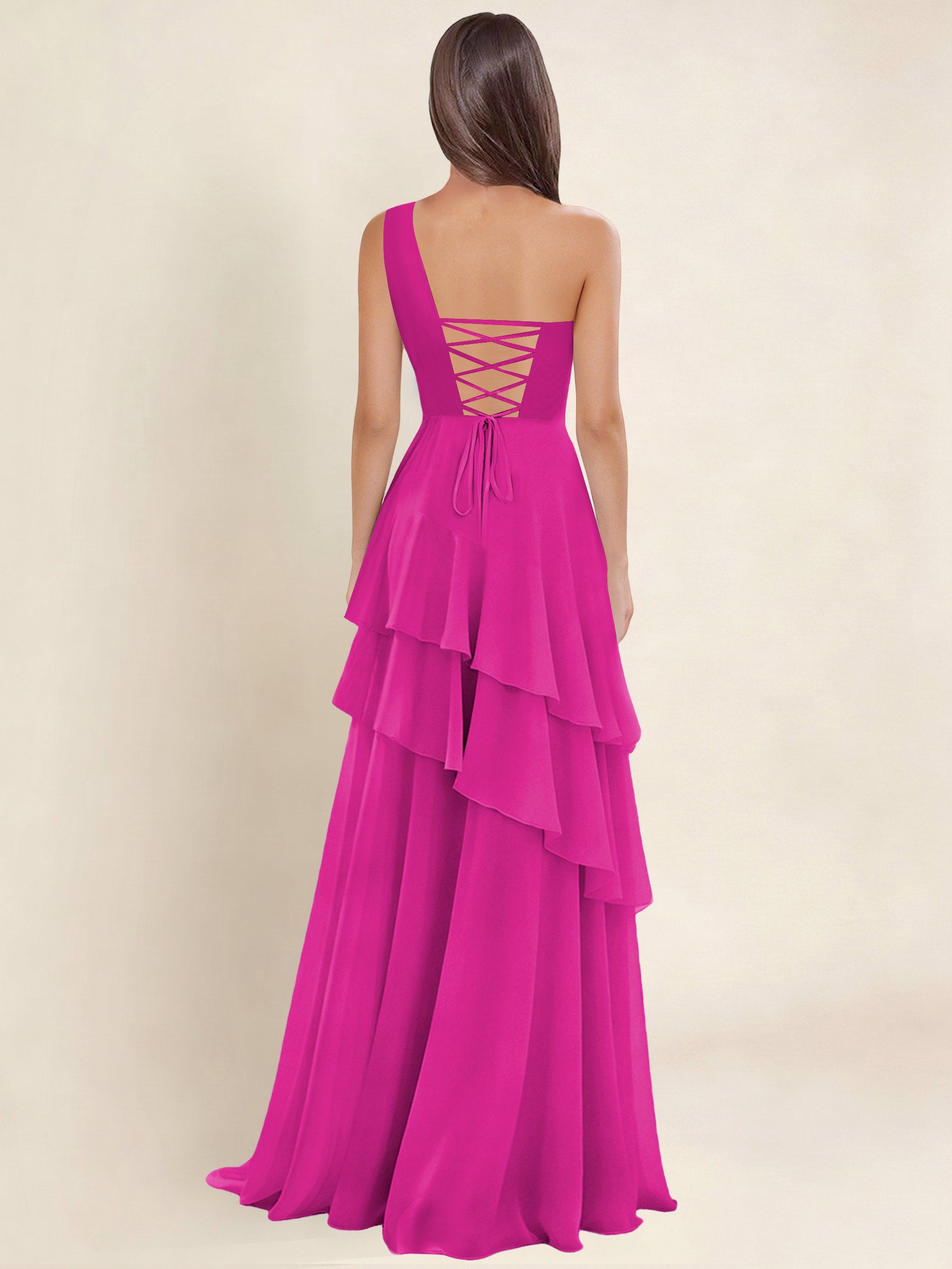 ROVDESY A-Line One Shoulder Pleated Tiered Chiffon Bridesmaid Dress