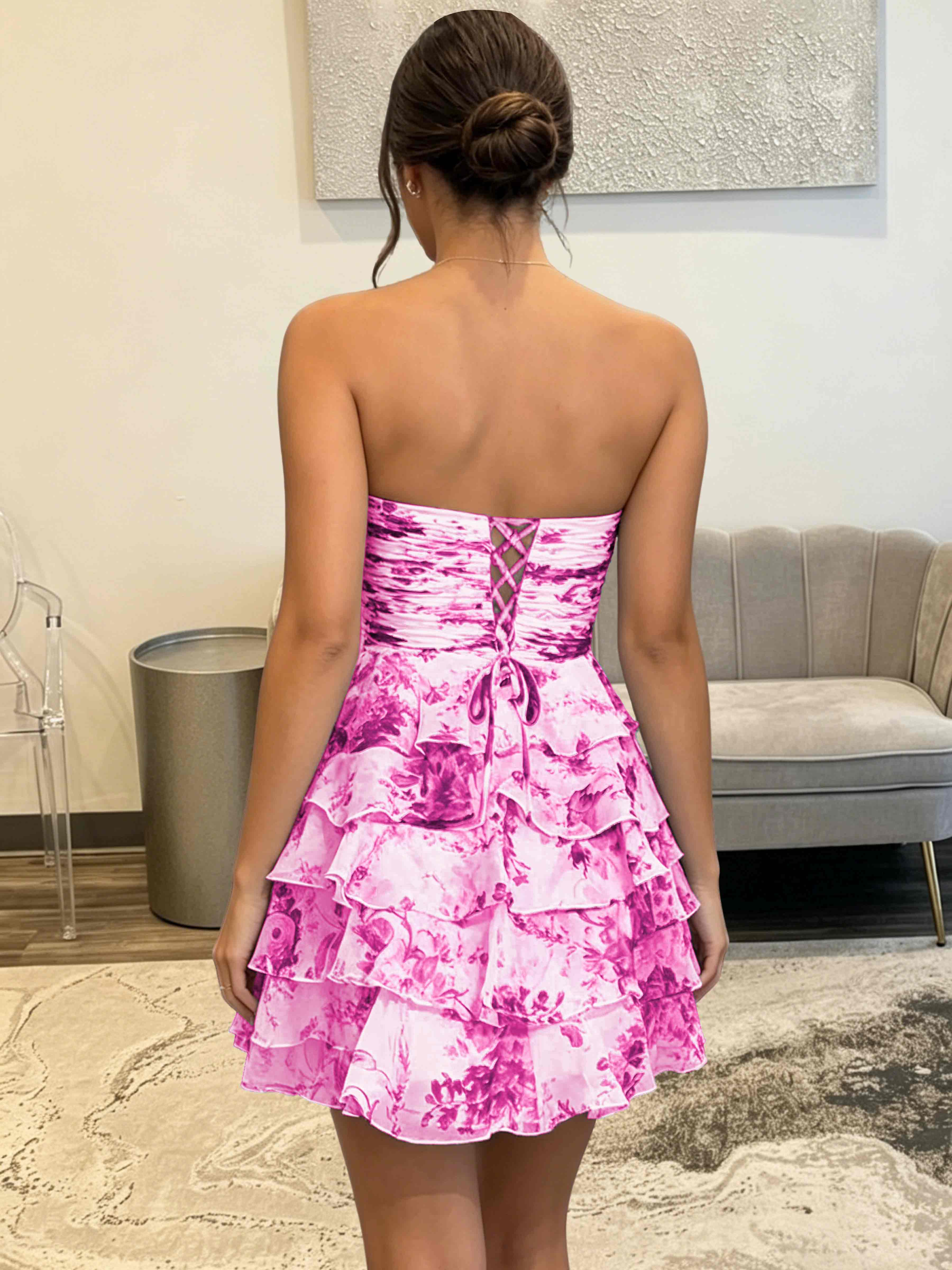 ROVDESY Strapless Tiered Ruffle Floral Print Chiffon Homecoming Mini Dress