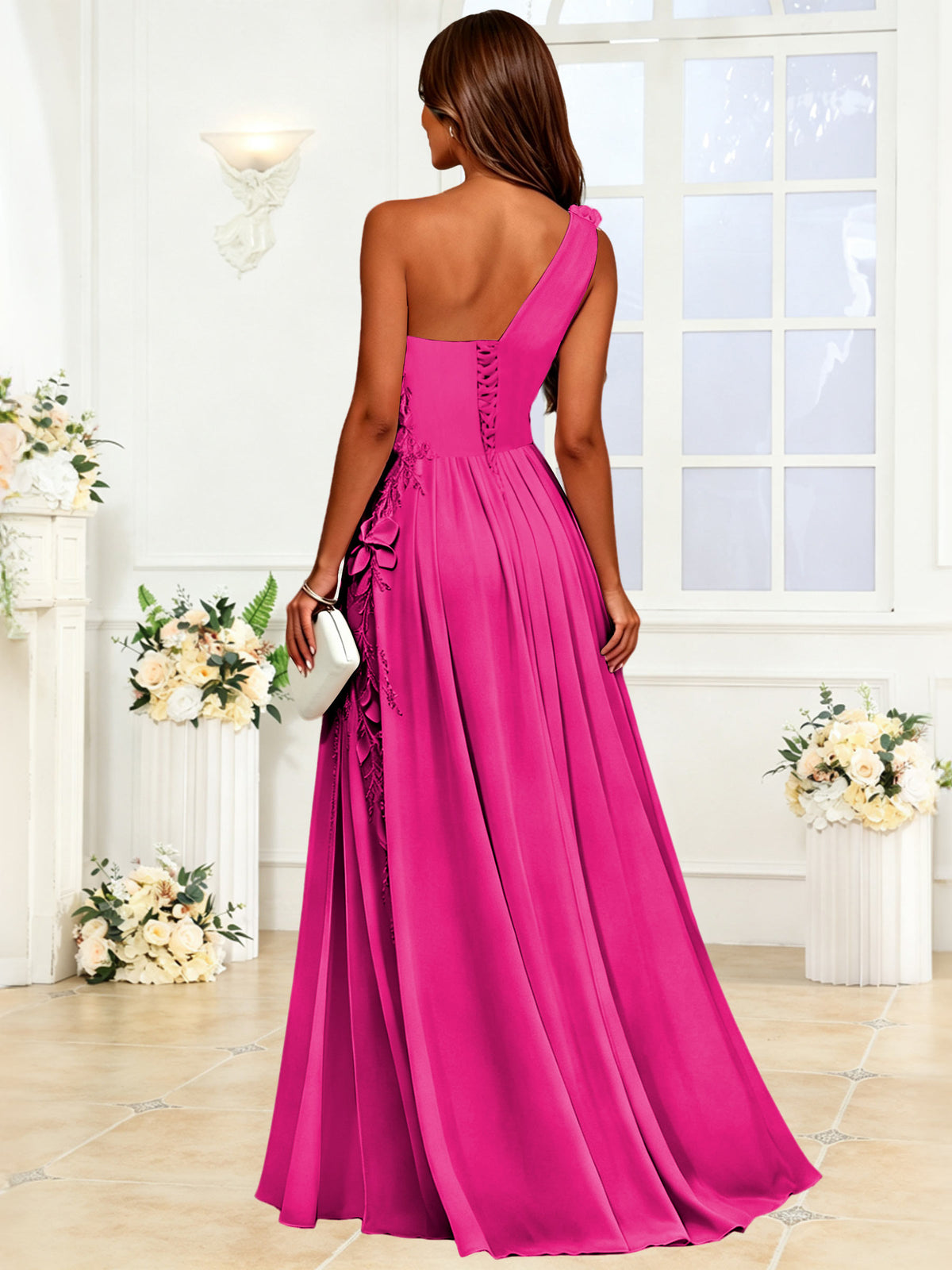 One Shoulder 3D Flower Chiffon Bridesmaid Dress with Slit