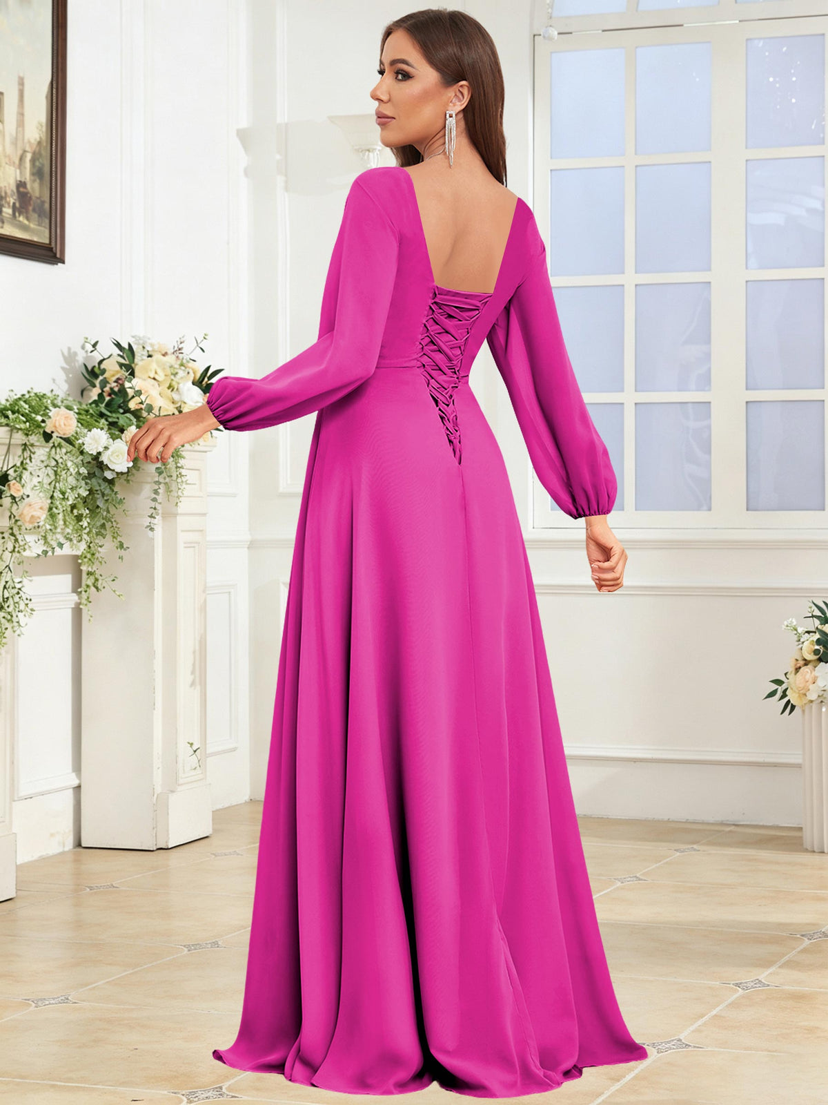 V Neck Chiffon Long Sleeve Bridesmaid Dresses with Slit