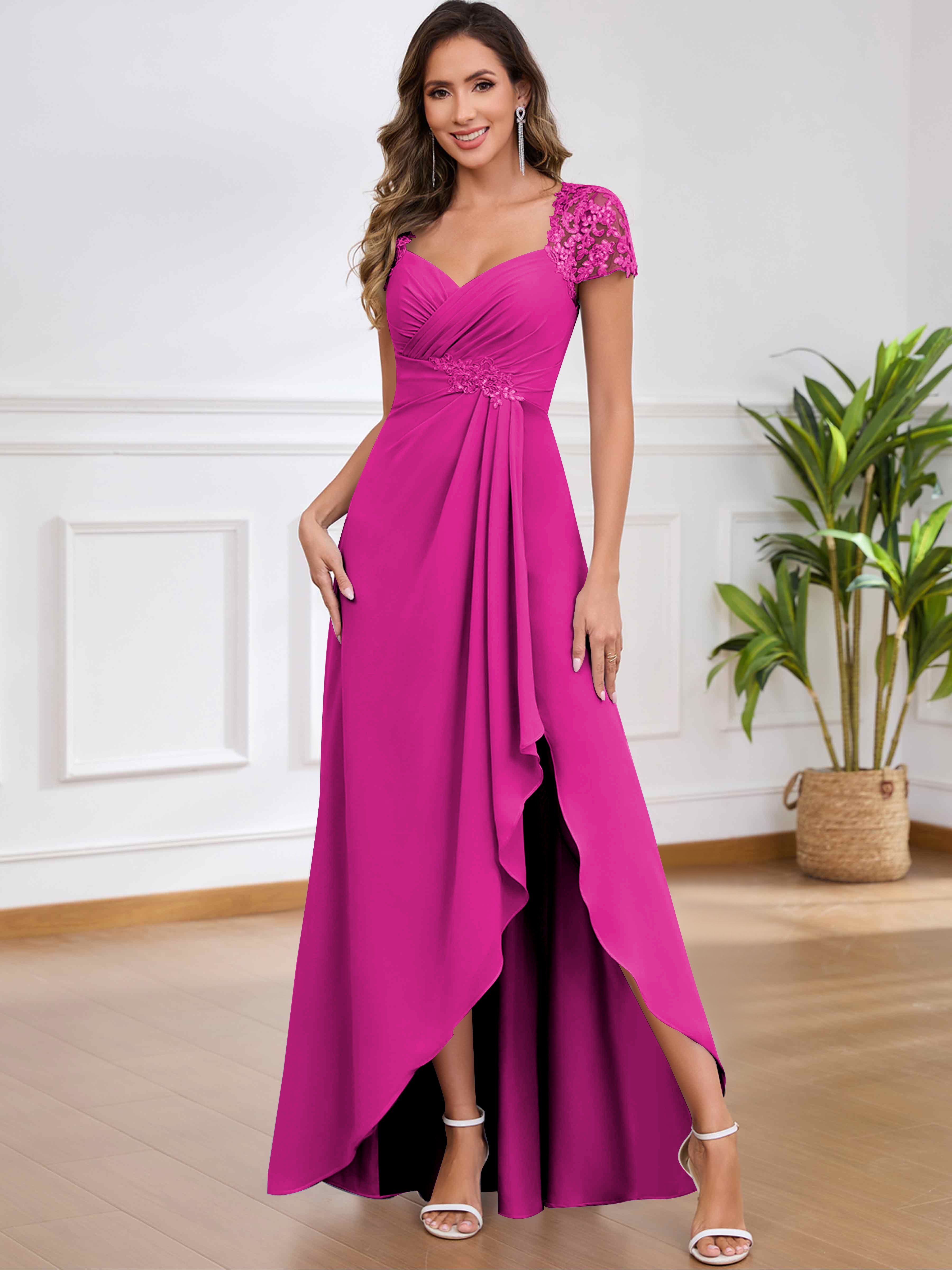ROVDESY A-Line Pleated Lace Sequin Ruffle Chiffon Mother Of The Bride Dress With Slit
