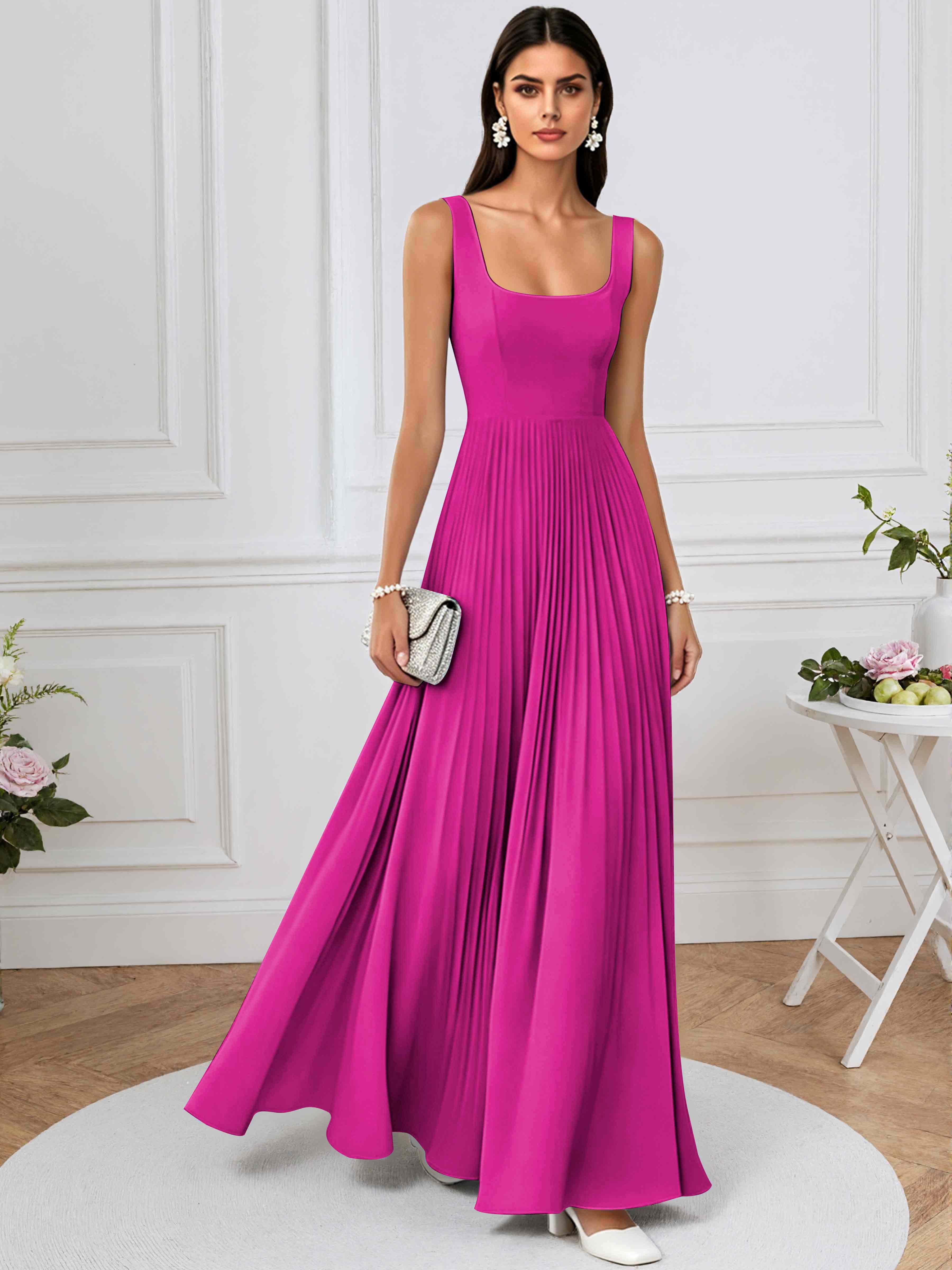 ROVDESY A-Line Square Neck Pleated Chiffon Long Bridesmaid/Prom Dress