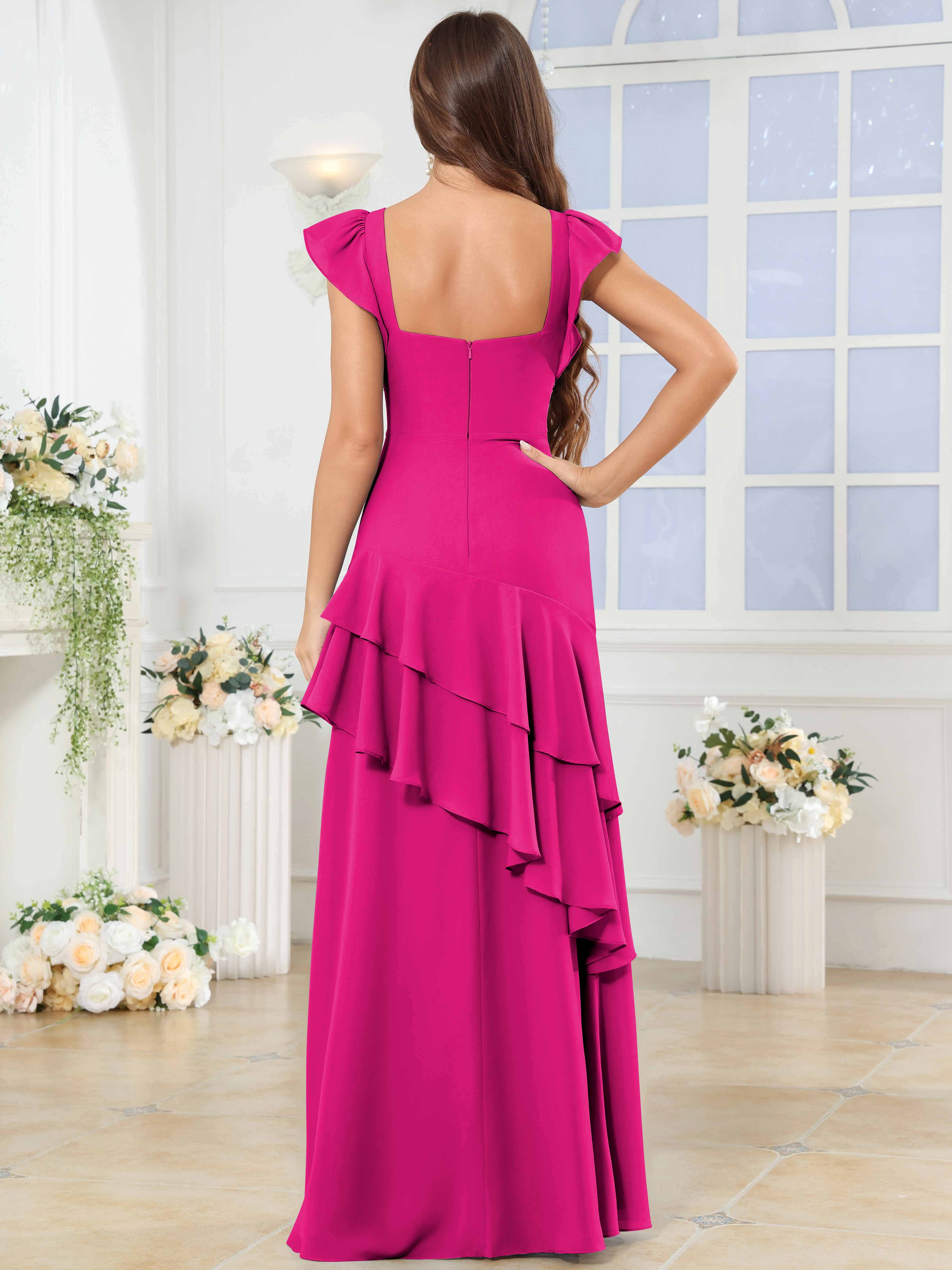 ROVDESY Sweetheart Tiered Ruffle Chiffon Bridesmaid Dress With Short S