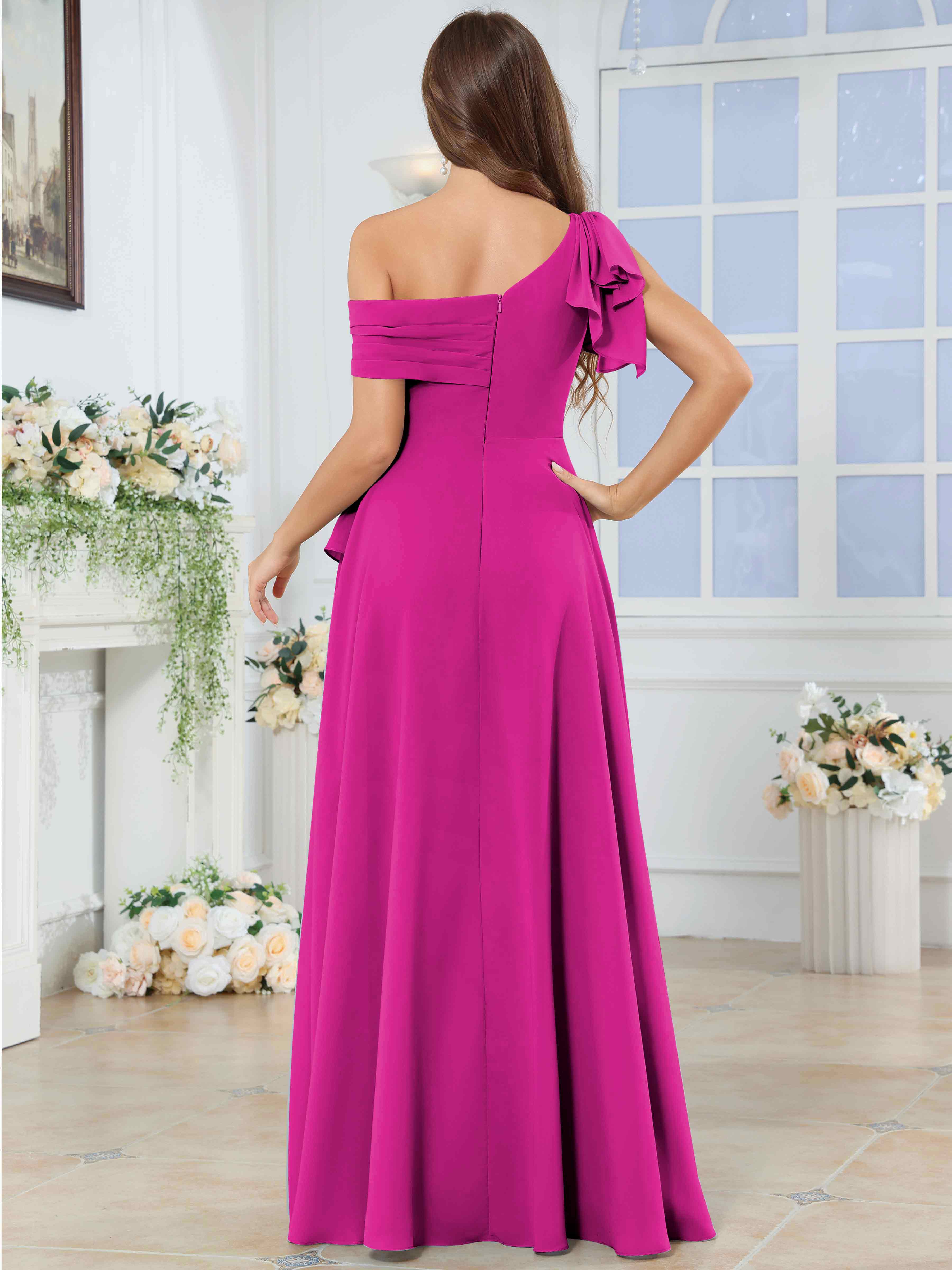 ROVDESY One Shoulder Pleated Ruffle Chiffon Bridesmaid Dress With Slit