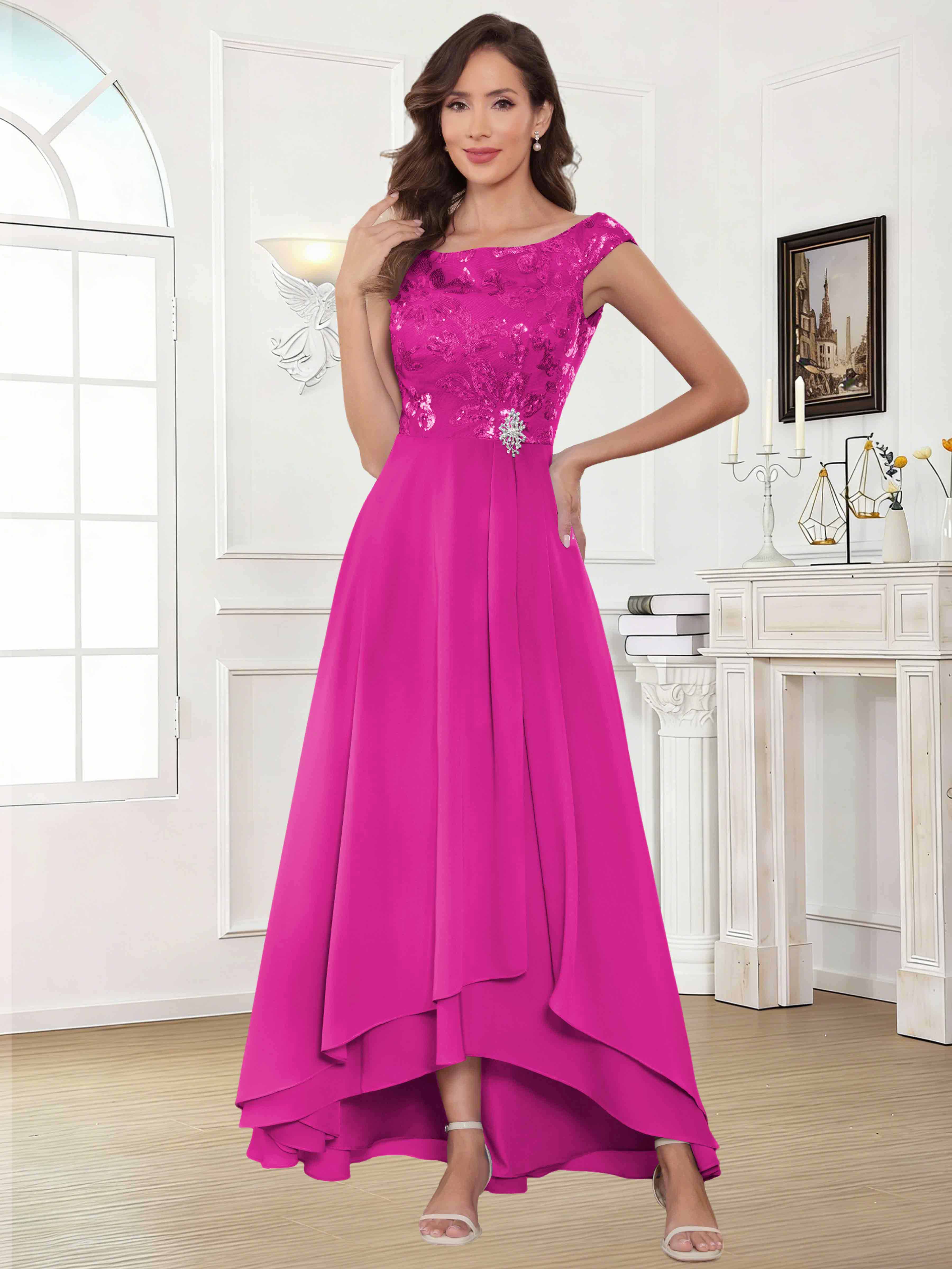 ROVDESY Tea Length Off-The-Shoulder Sequin Chiffon Mother Of The Bride Dress