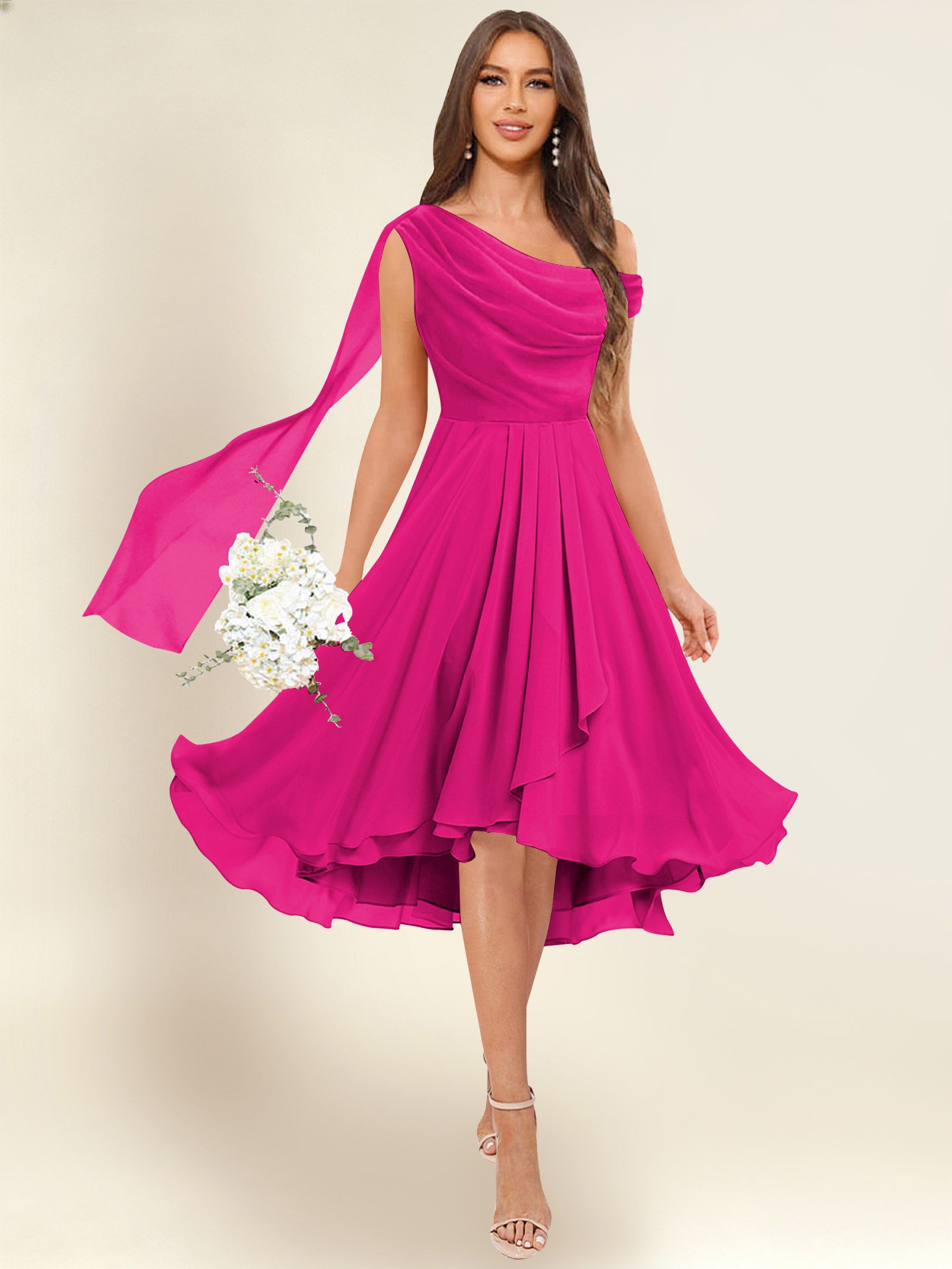 ROVDESY A-Line One Shoulder Pleated Chiffon Bridesmaid Dress With Flowing Sash
