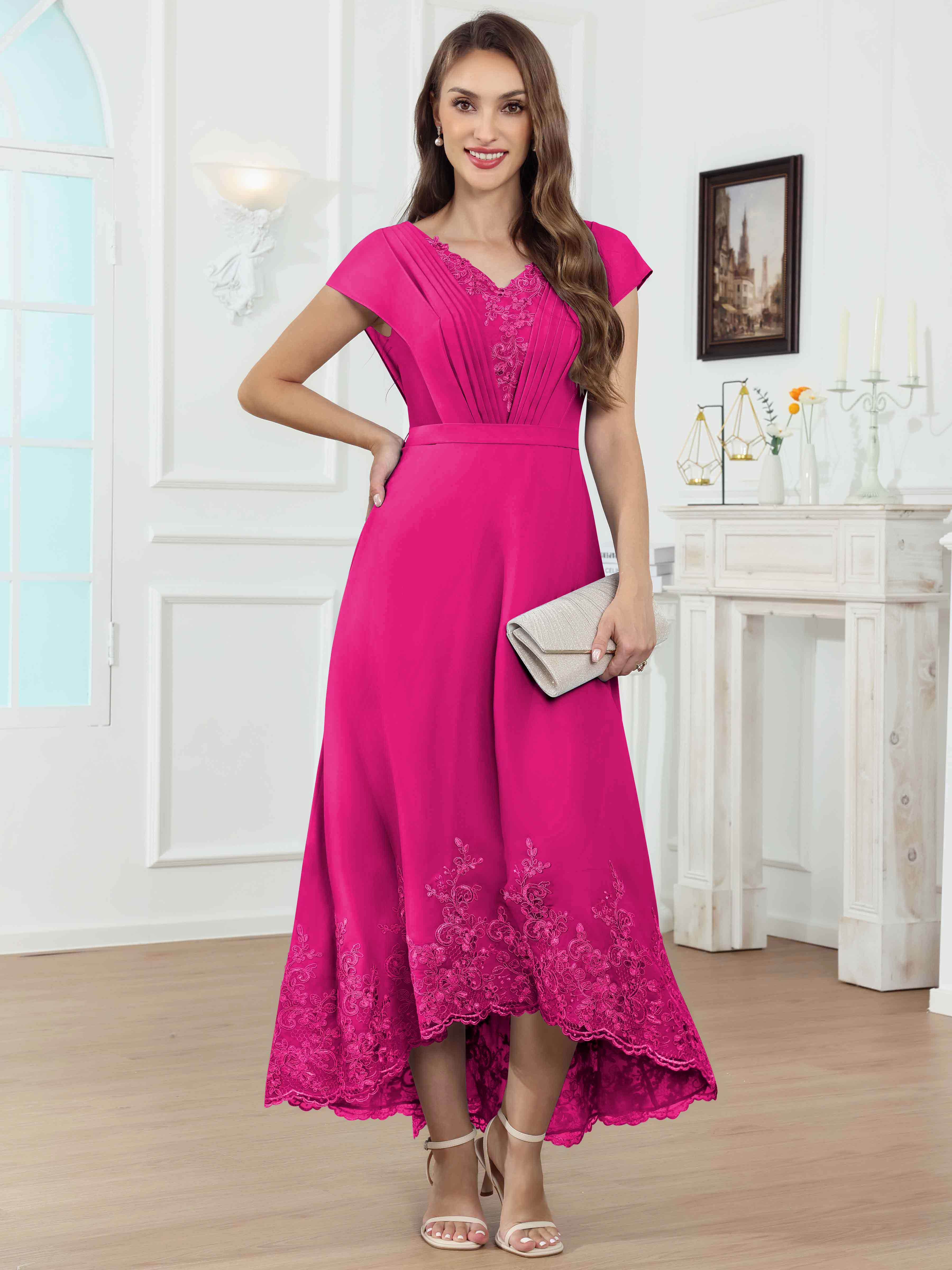 ROVDESY Tea Length High-Low V-Neck Ruched Lace Chiffon Mother of The Bride Dress for Women