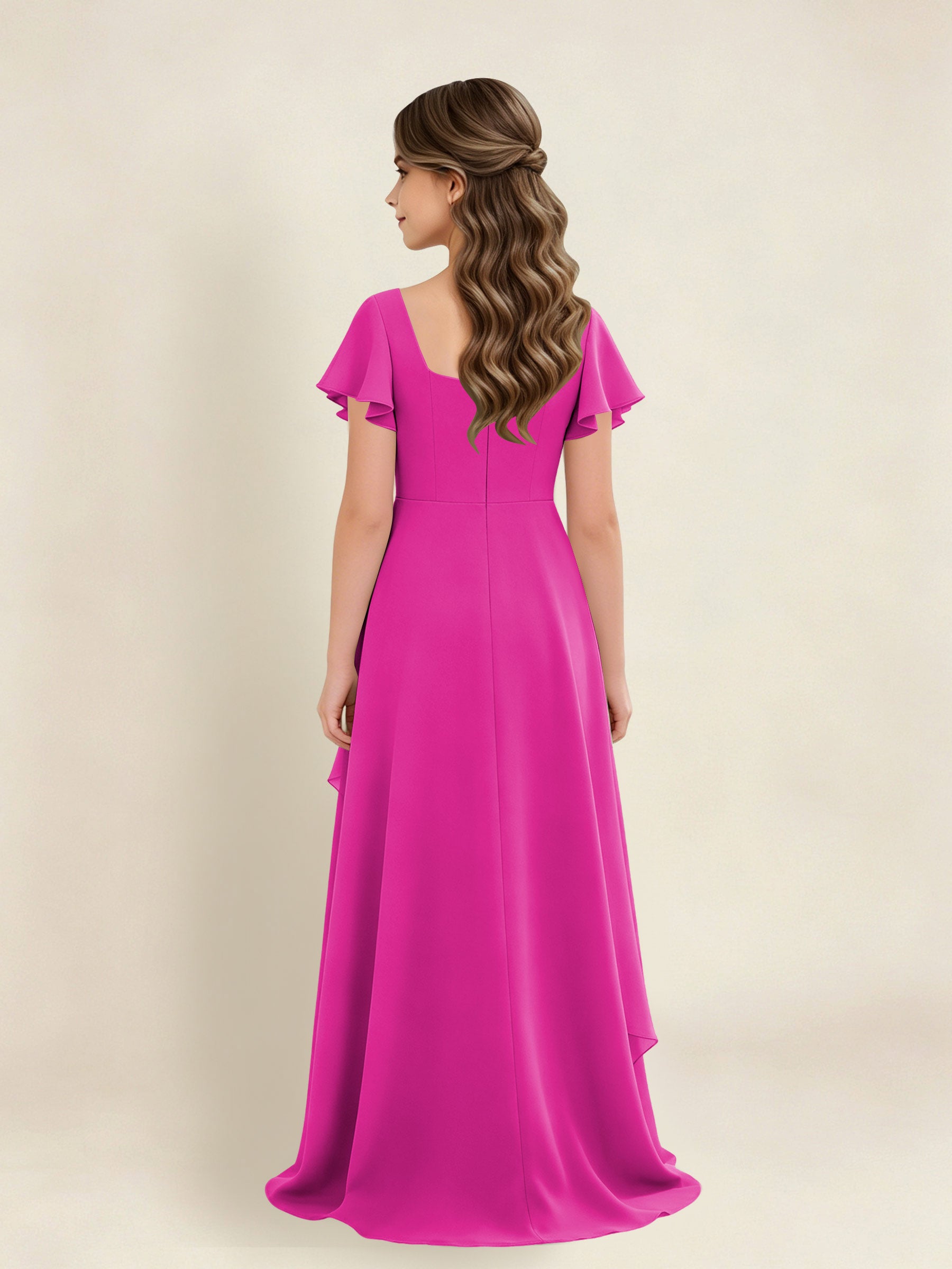 ROVDESY A-Line Square Neck Ruffle Chiffon Junior Bridesmaid Dress With Short Sleeves