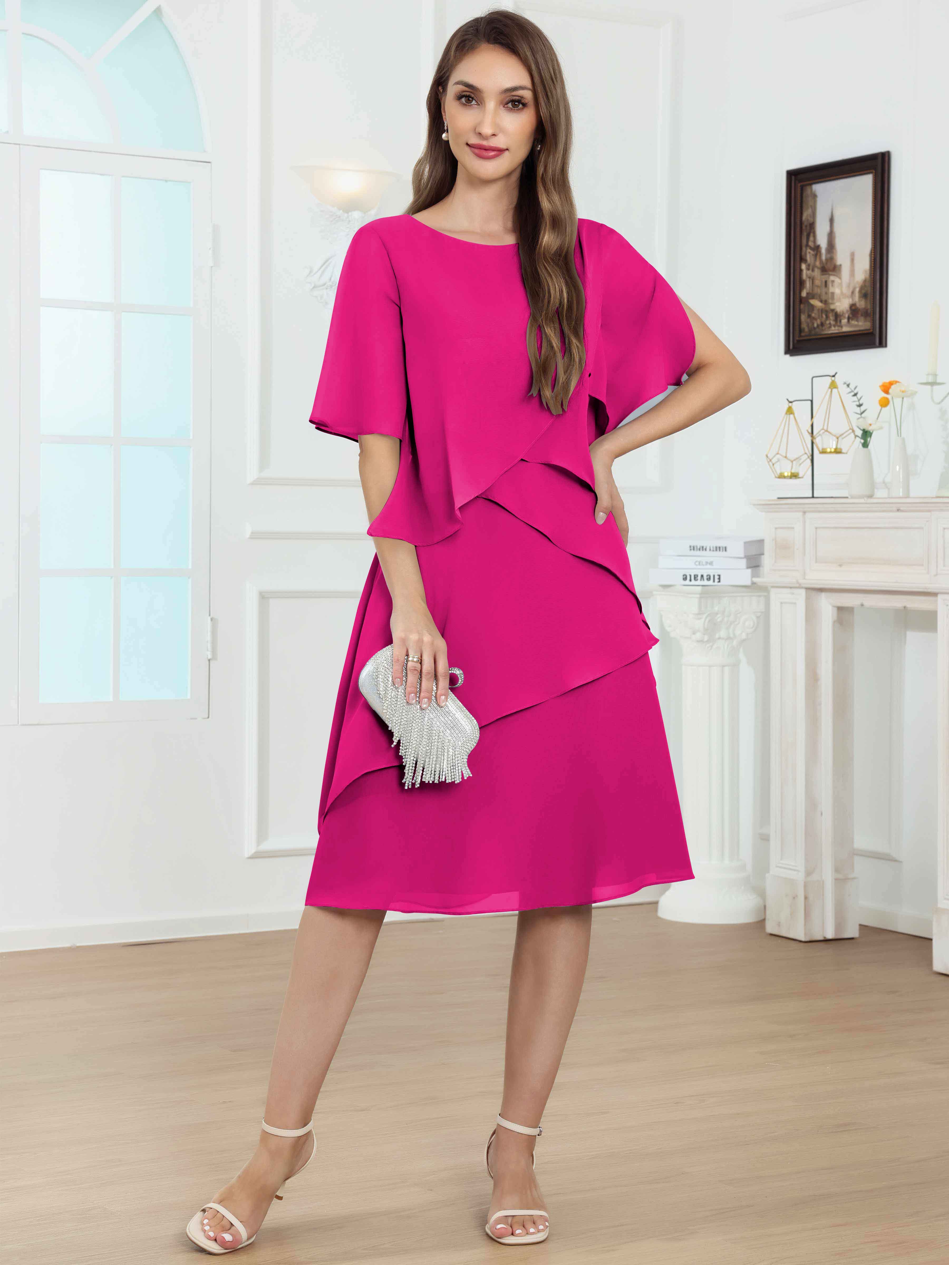 ROVDESY Knee Length Tiered Ruffle Chiffon Mother Of The Bride Dress With Half Sleeves