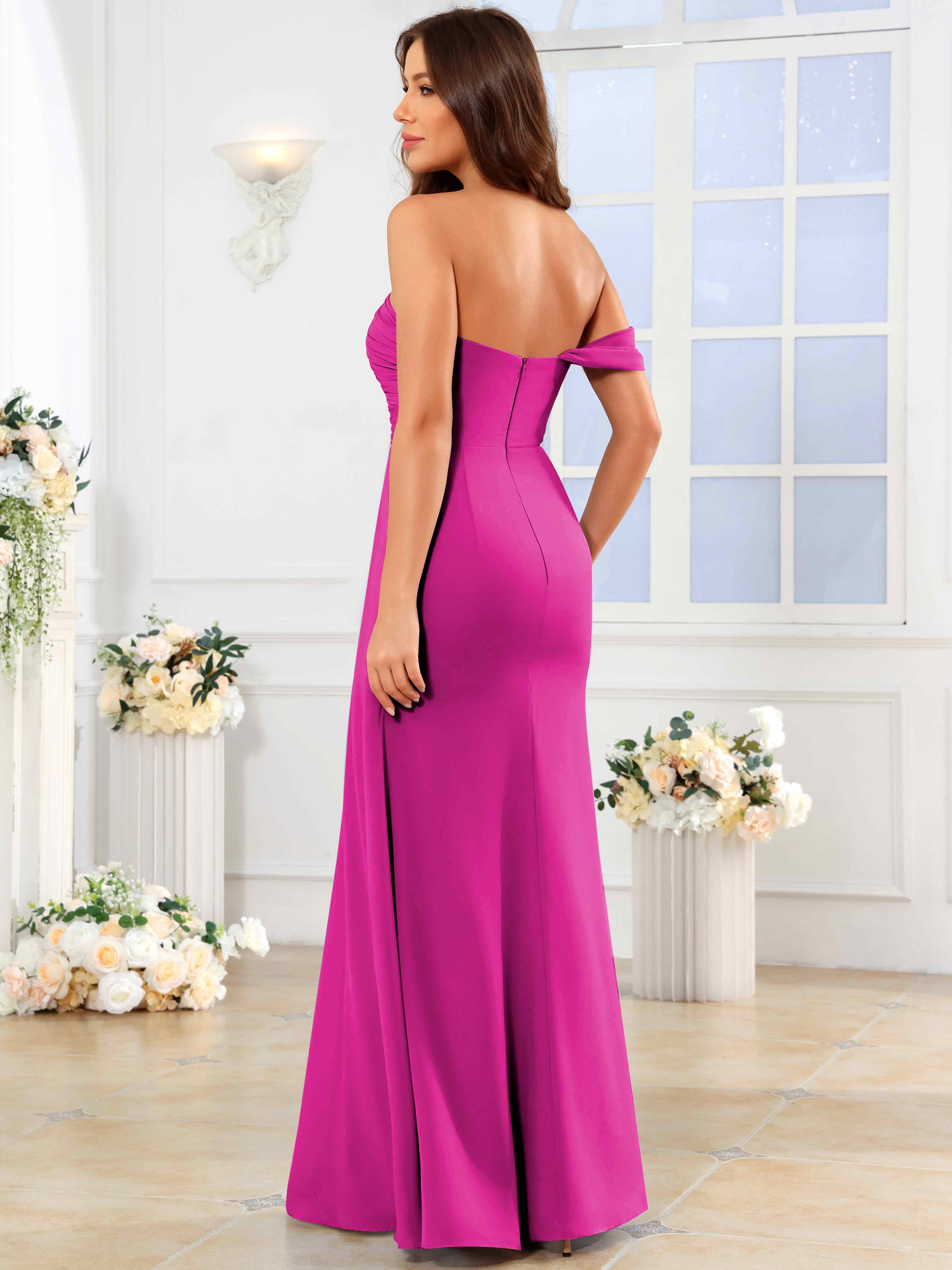 ROVDESY One Shoulder Off The Shoulder Pleated Chiffon Bridesmaid Dress