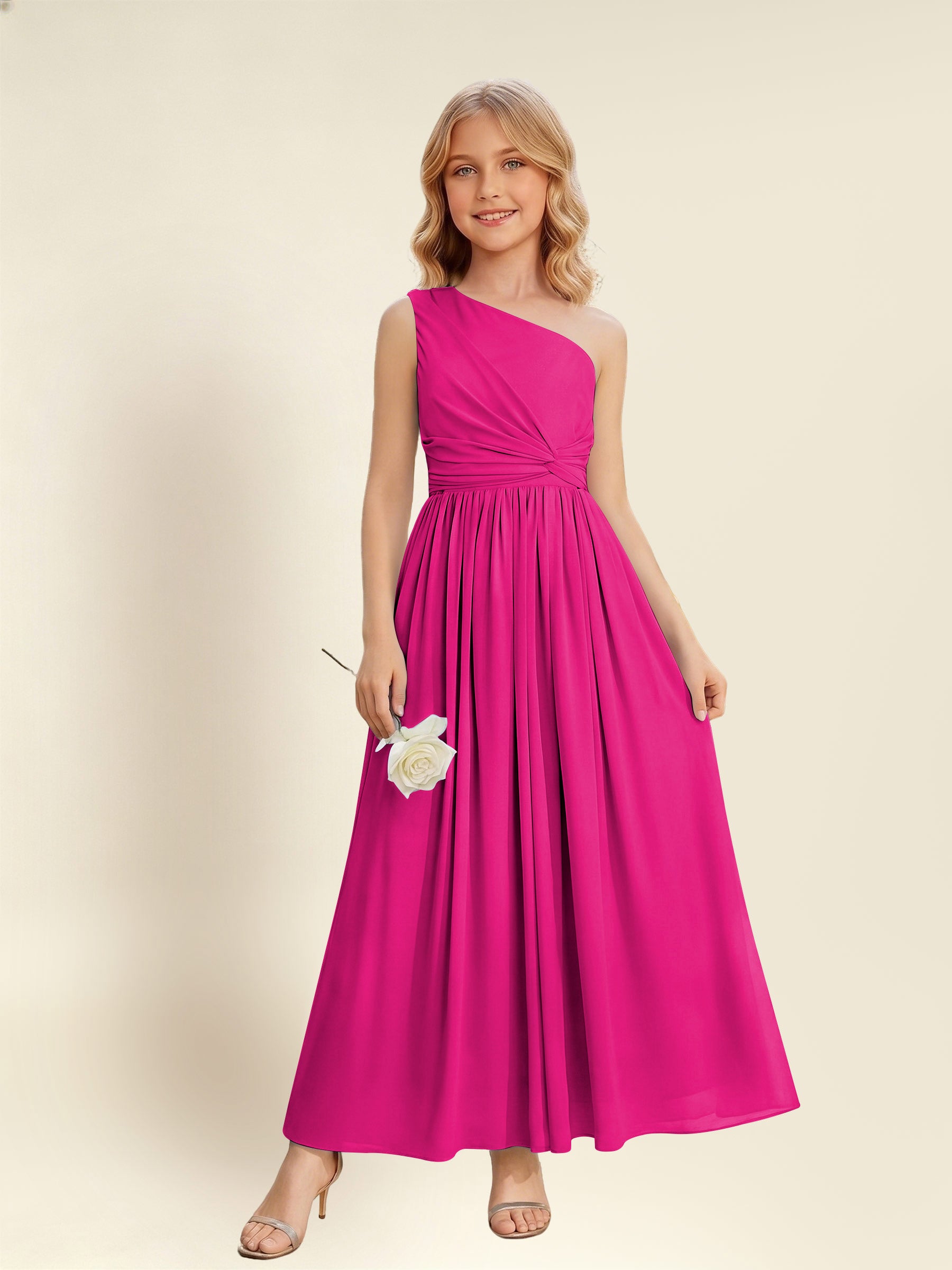 ROVDESY One Shoulder Twist Waist Chiffon Junior Bridesmaid Maxi Dress