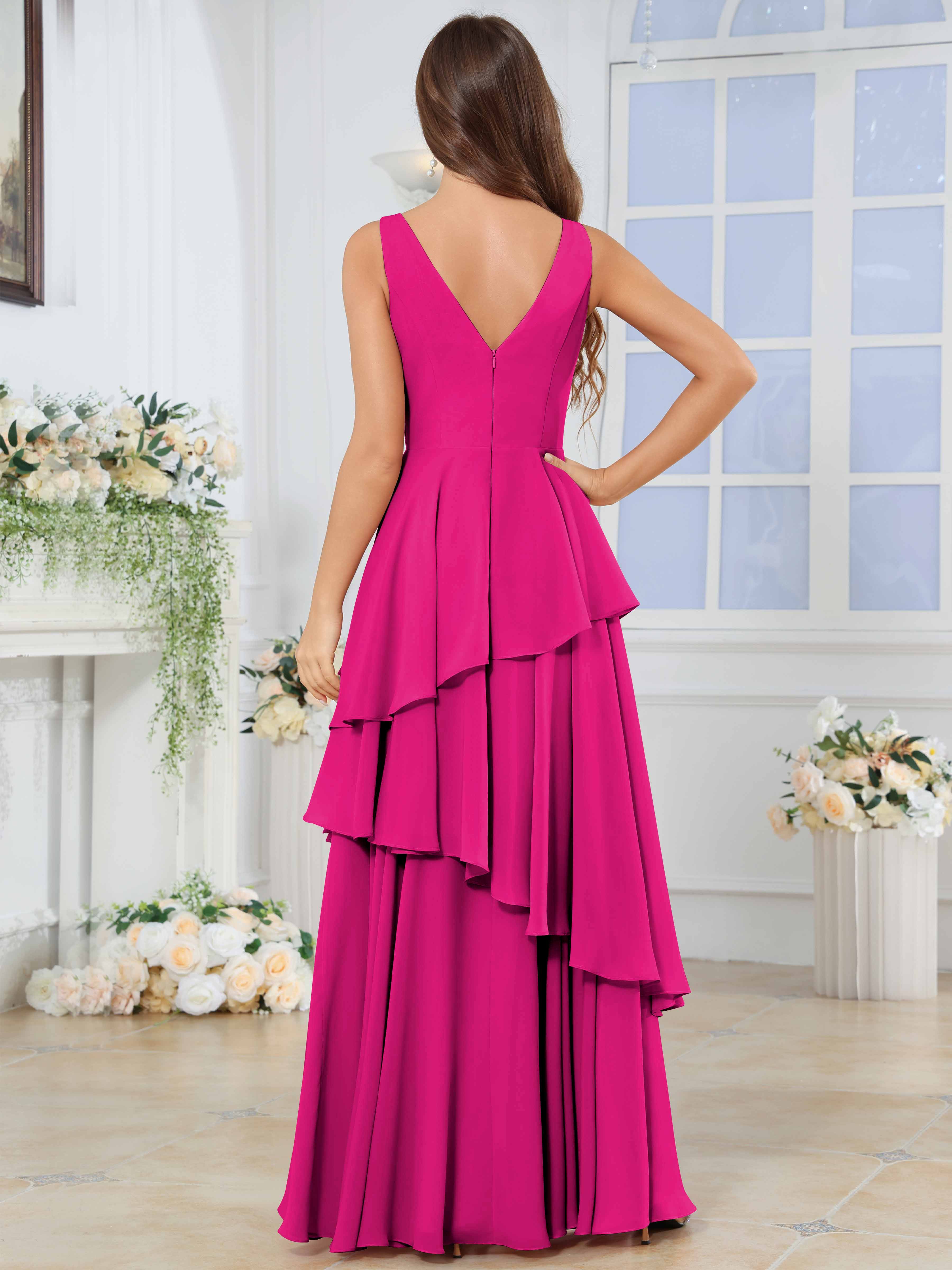ROVDESY Long Sleeveless V-Neck Tiered Pleated Chiffon Bridesmaid Dress
