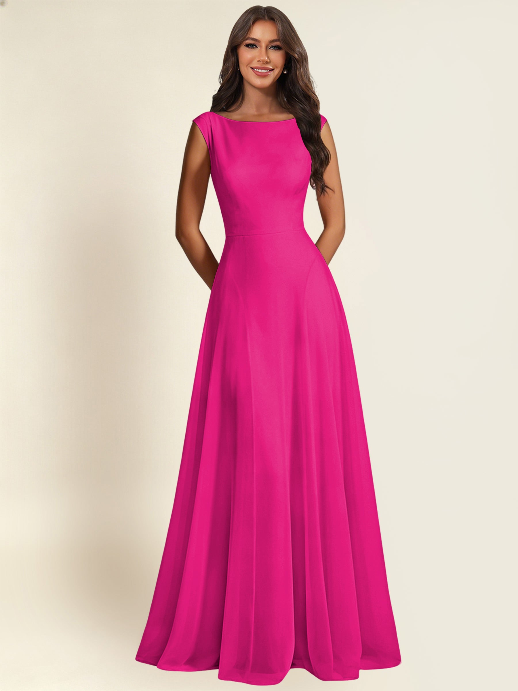 ROVDESY A-Line Chiffon Long Bridesmaid Dress With Sleeveless