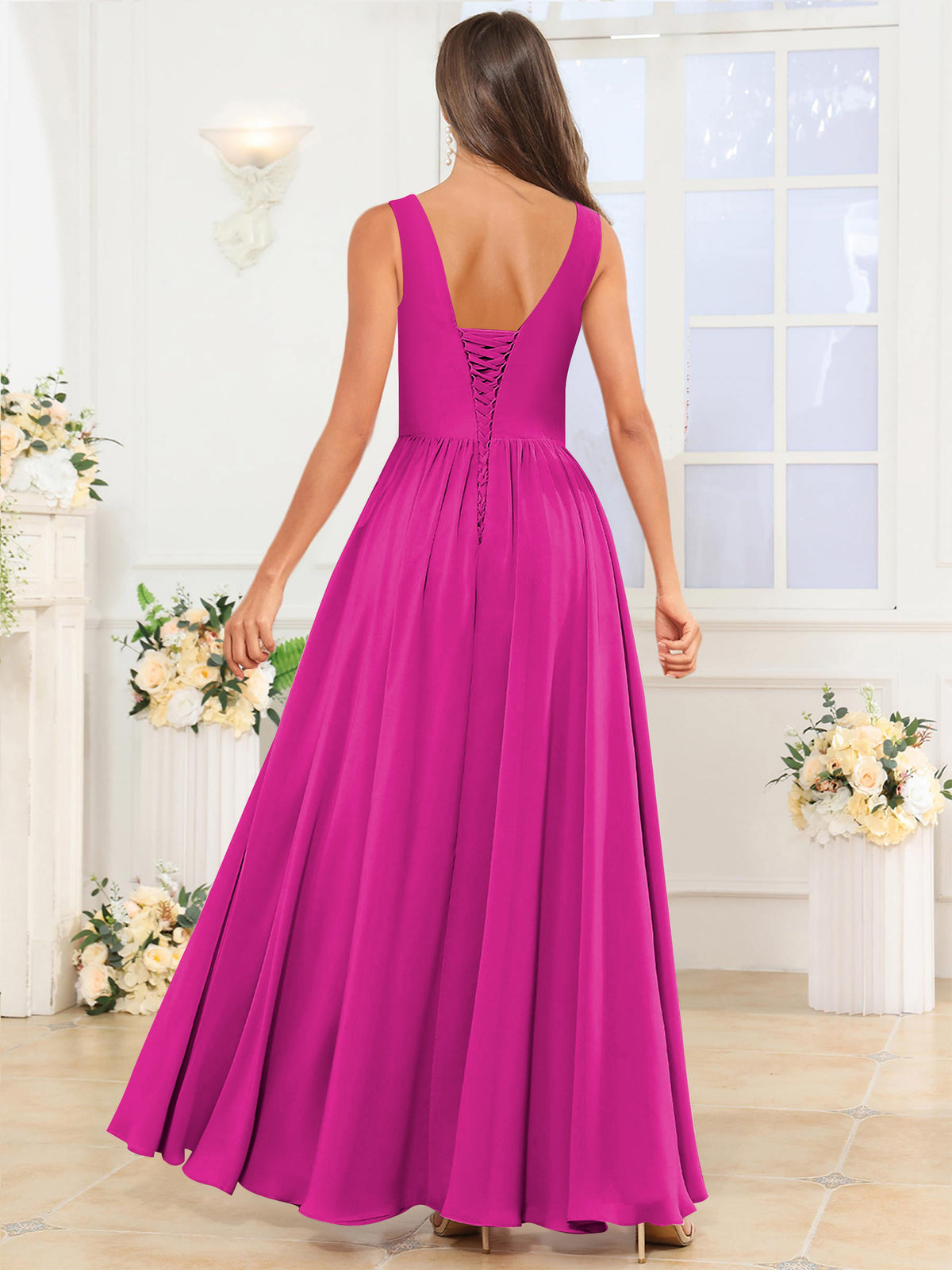 V Neck Chiffon A Line Bridesmaid Dress with Slit