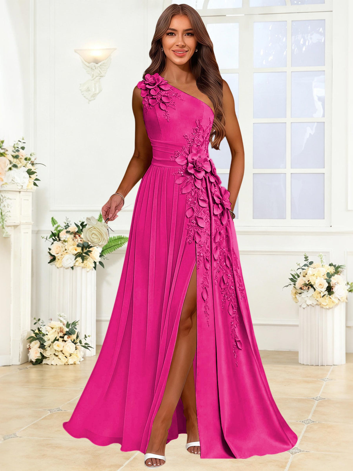 One Shoulder 3D Flower Chiffon Bridesmaid Dress with Slit