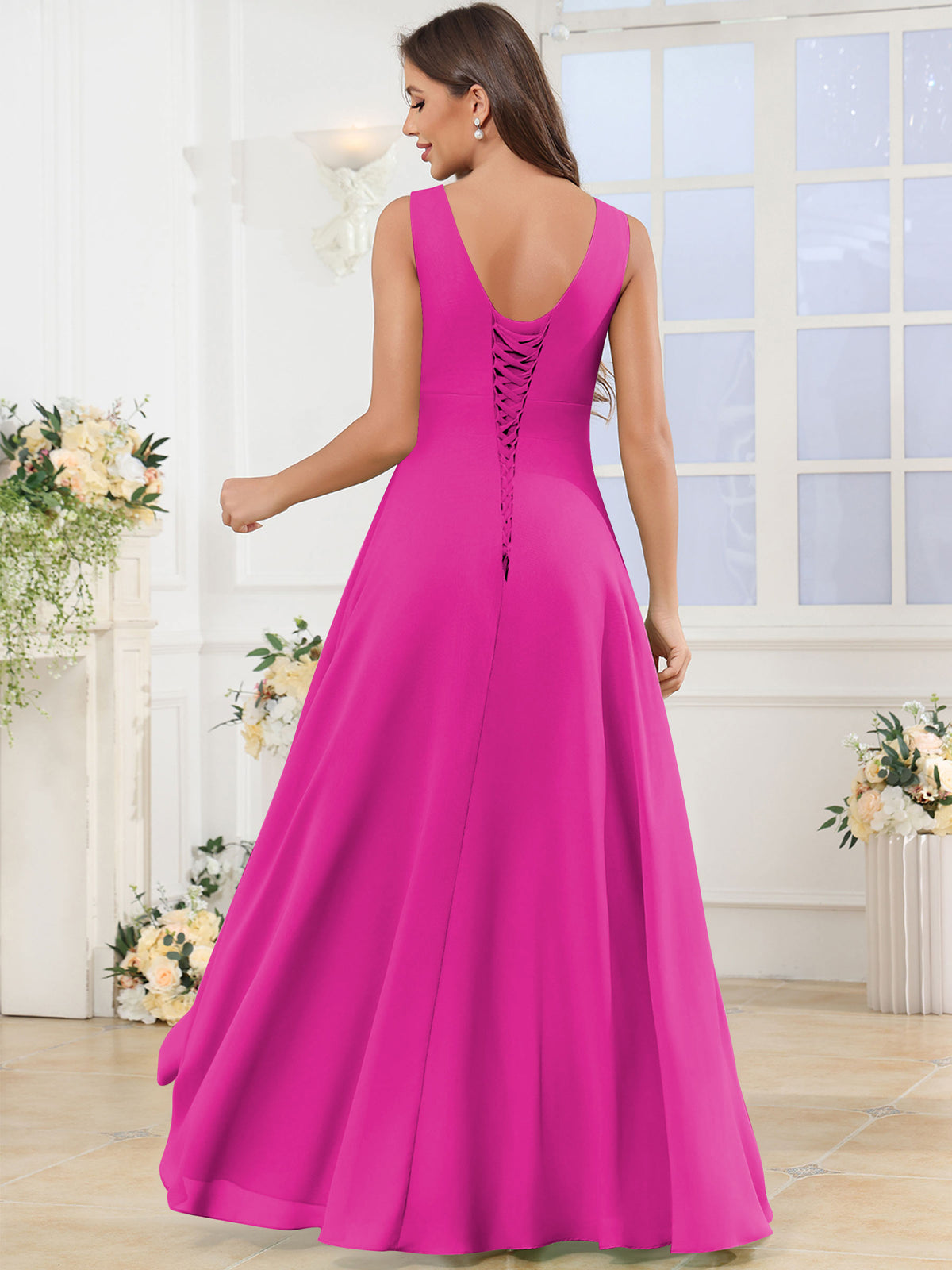 V Neck Chiffon A Line Ruffle Bridesmaid Dress with Slit