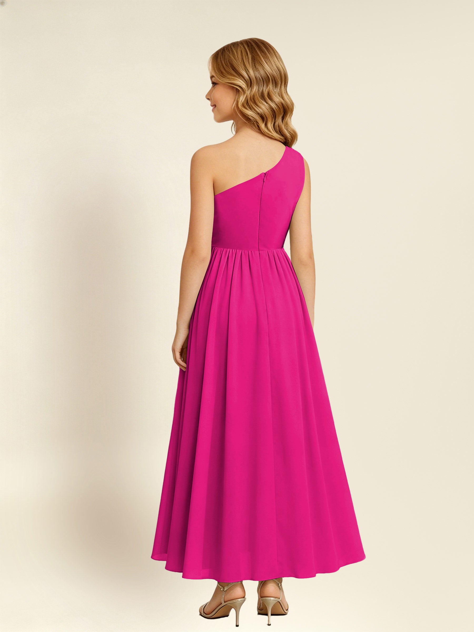 ROVDESY One Shoulder Twist Waist Chiffon Junior Bridesmaid Maxi Dress