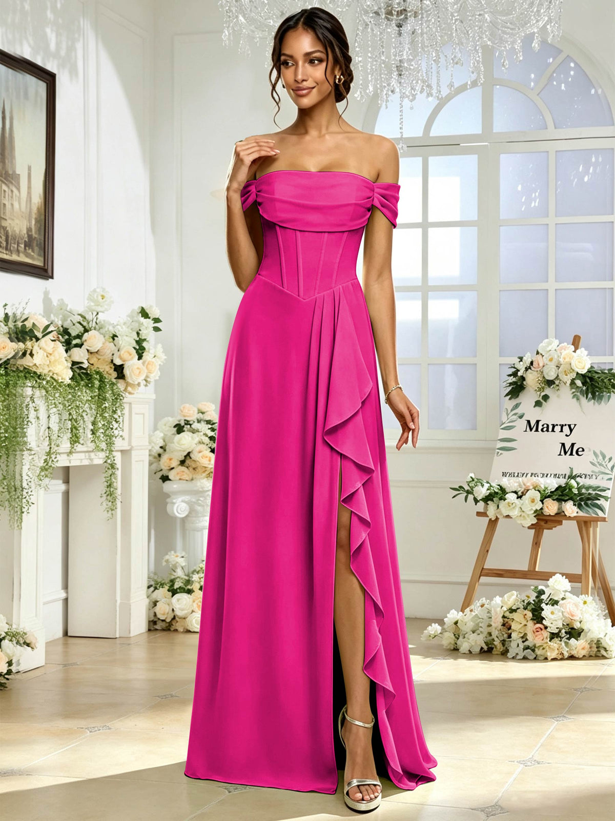 Off the Shoulder Chiffon A Line Long Bridesmaid Dress with Slit