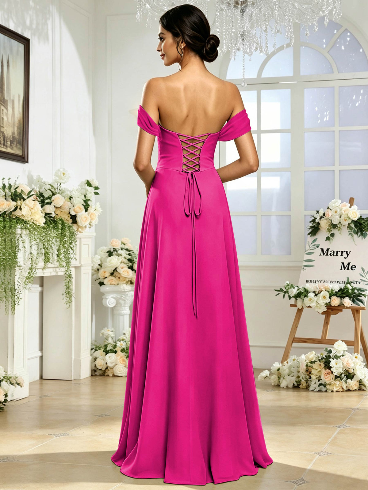 Off the Shoulder Chiffon A Line Long Bridesmaid Dress with Slit
