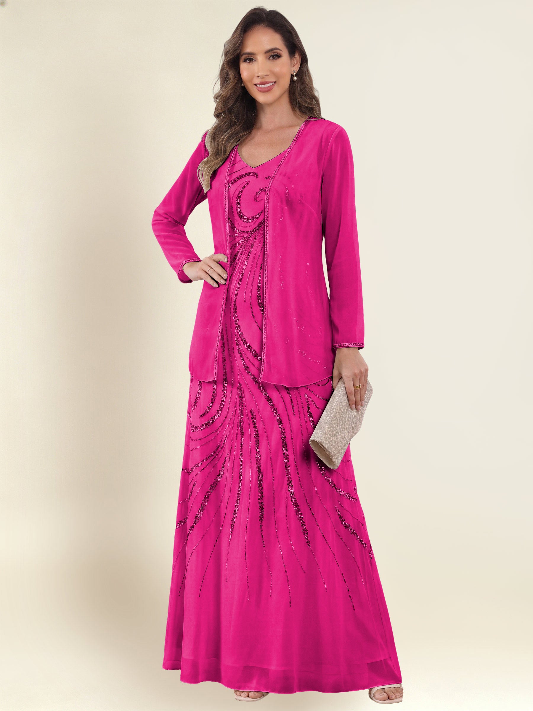 ROVDESY 2 Pieces V-Neck Sequin Chiffon Long Mother Of The Bride Dress With Long Sleeve Jacket