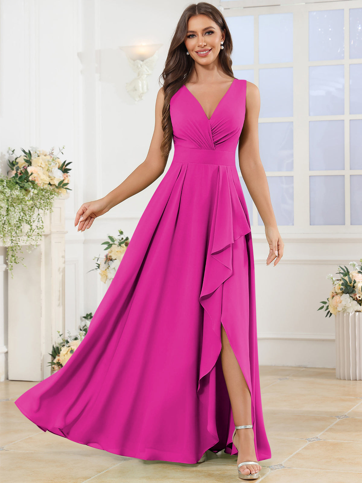 V Neck Chiffon A Line Ruffle Bridesmaid Dress with Slit