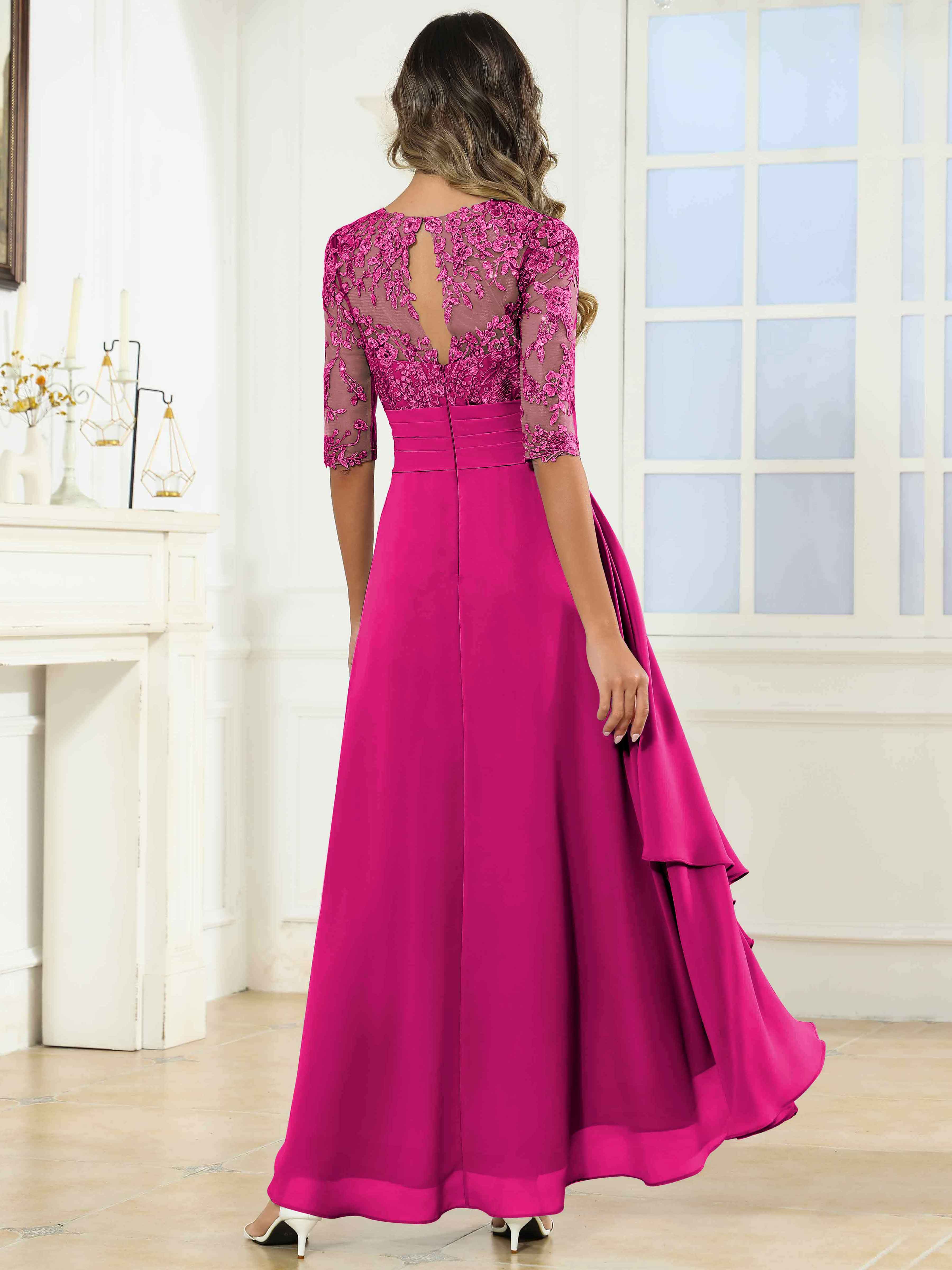 ROVDESY Tea Length A-Line Lace Chiffon Mother Of The Bride Dress With Half Sleeves