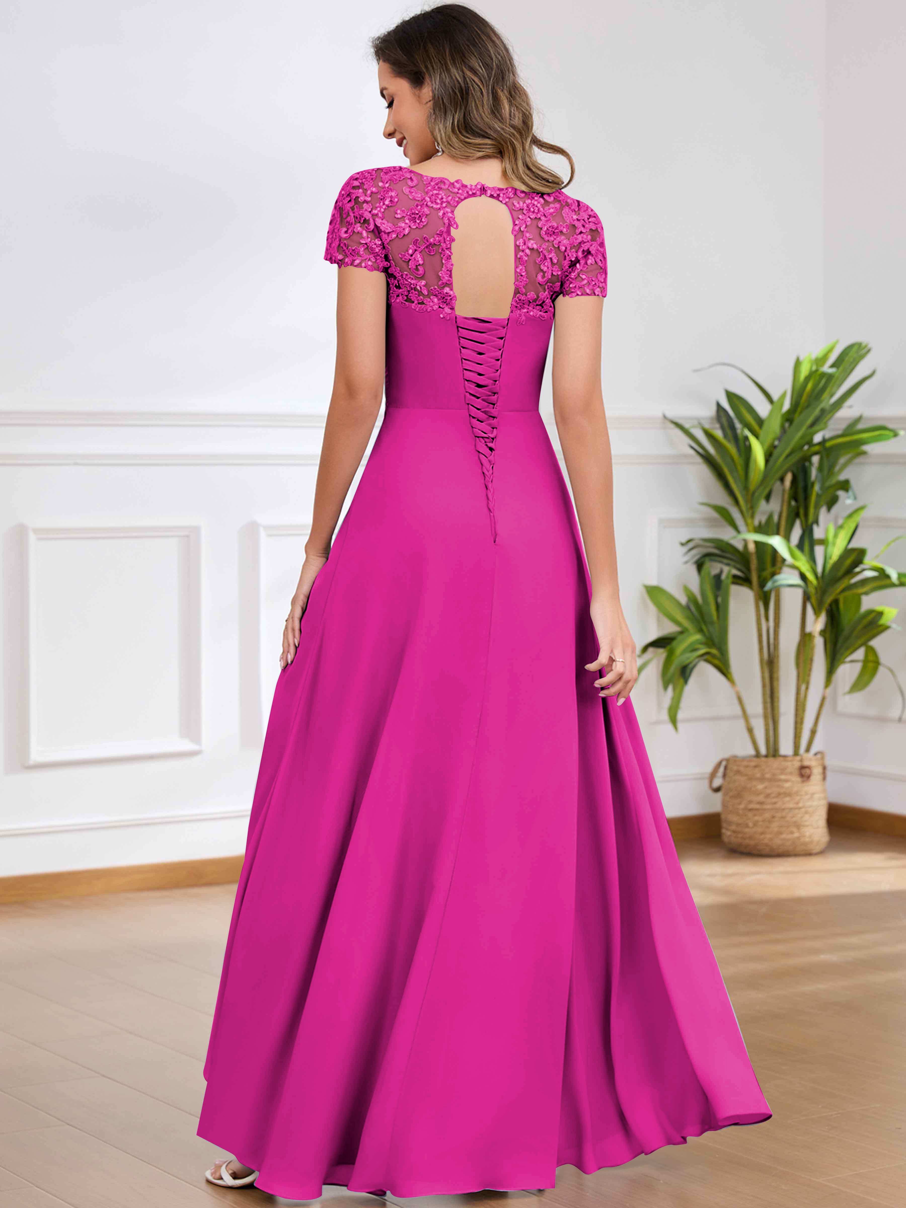 ROVDESY A-Line Pleated Lace Sequin Ruffle Chiffon Mother Of The Bride Dress With Slit