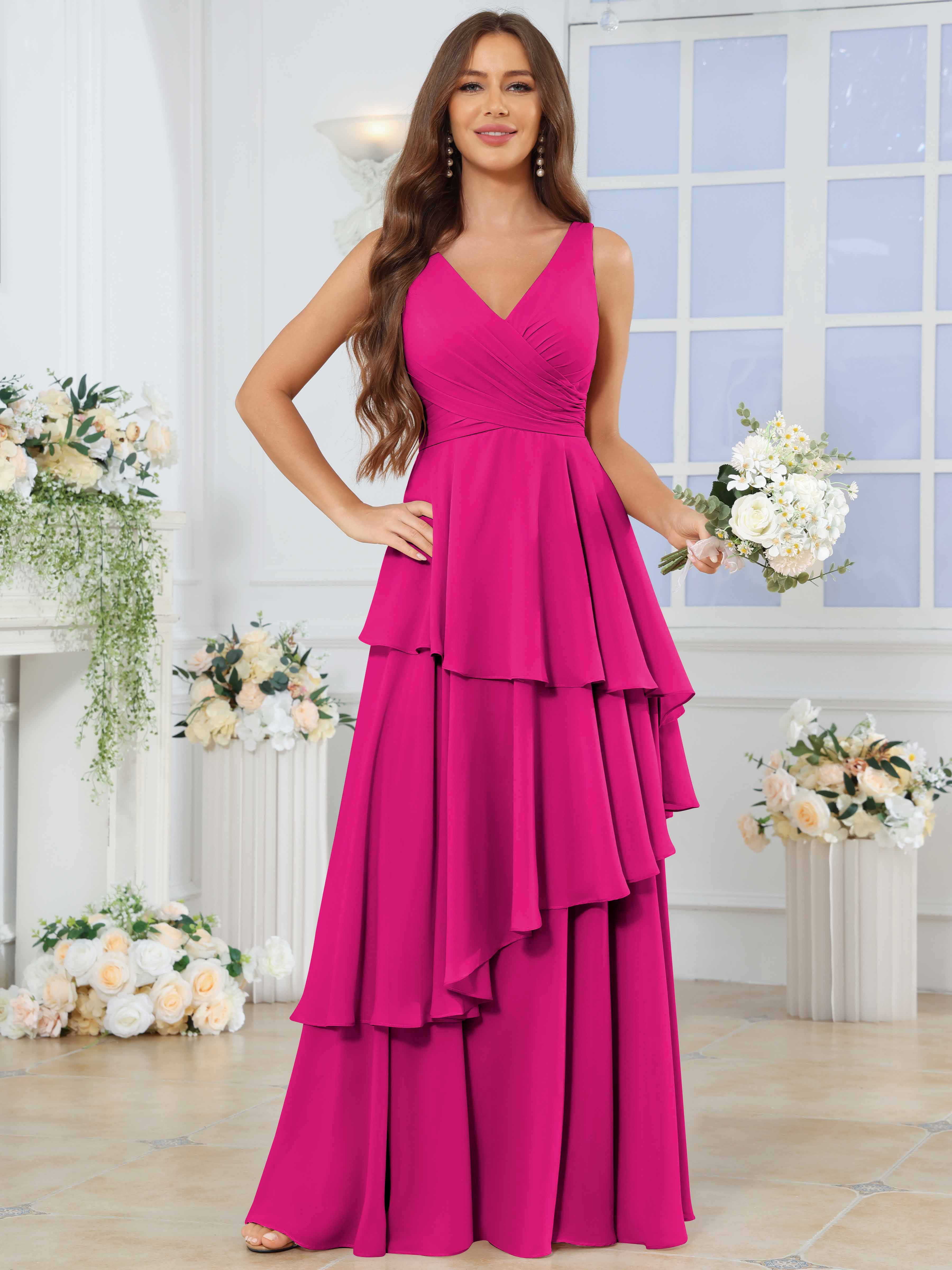 ROVDESY Long Sleeveless V-Neck Tiered Pleated Chiffon Bridesmaid Dress